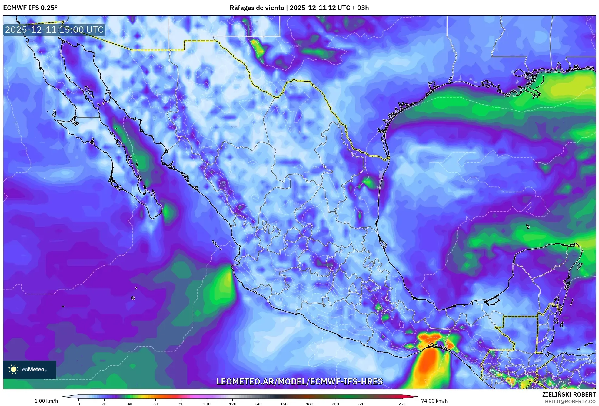 ECMWF IFS 0.25° model - México, Ráfagas de viento