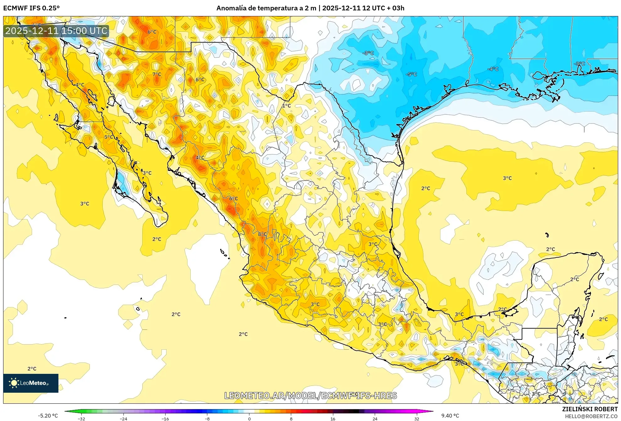 ECMWF IFS 0.25° model - México, Anomalía de temperatura a 2 m