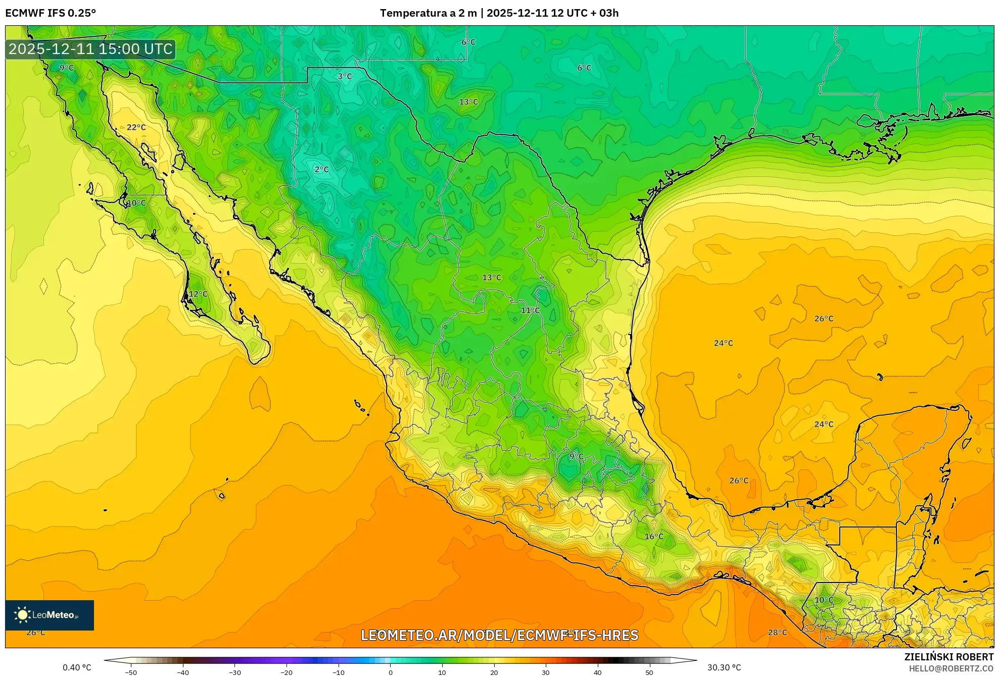 ECMWF IFS 0.25° model - México, Temperatura a 2 m