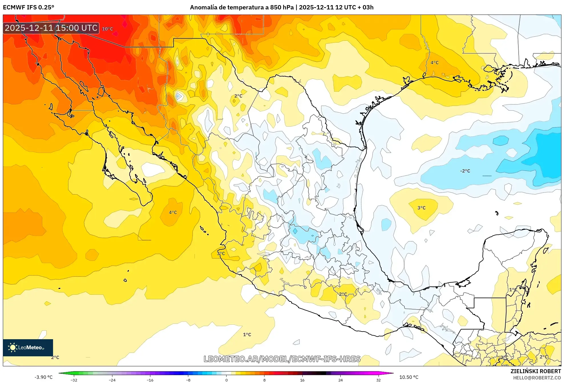 ECMWF IFS 0.25° model - México, Anomalía de temperatura a 850 hPa