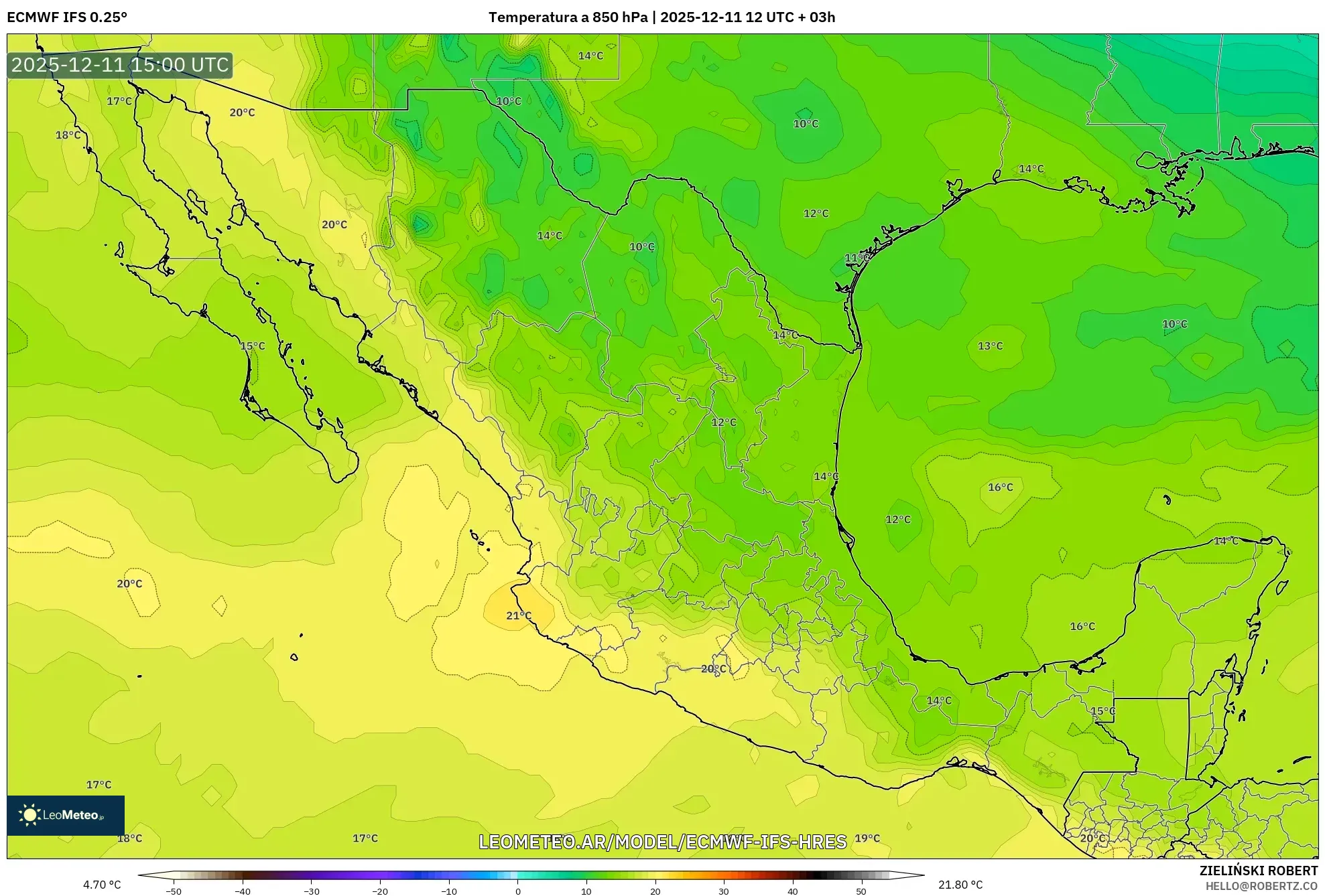 ECMWF IFS 0.25° model - México, Temperatura a 850 hPa