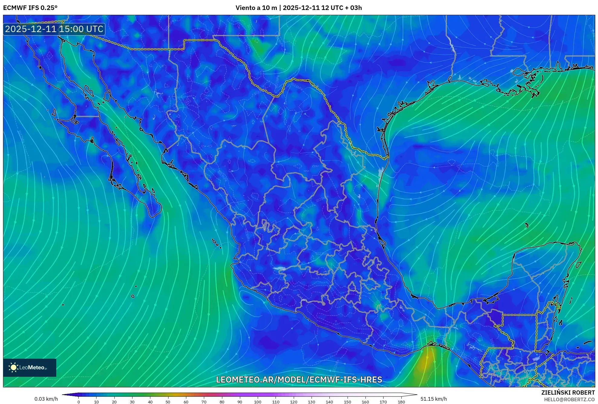 ECMWF IFS 0.25° model - México, Viento a 10 m