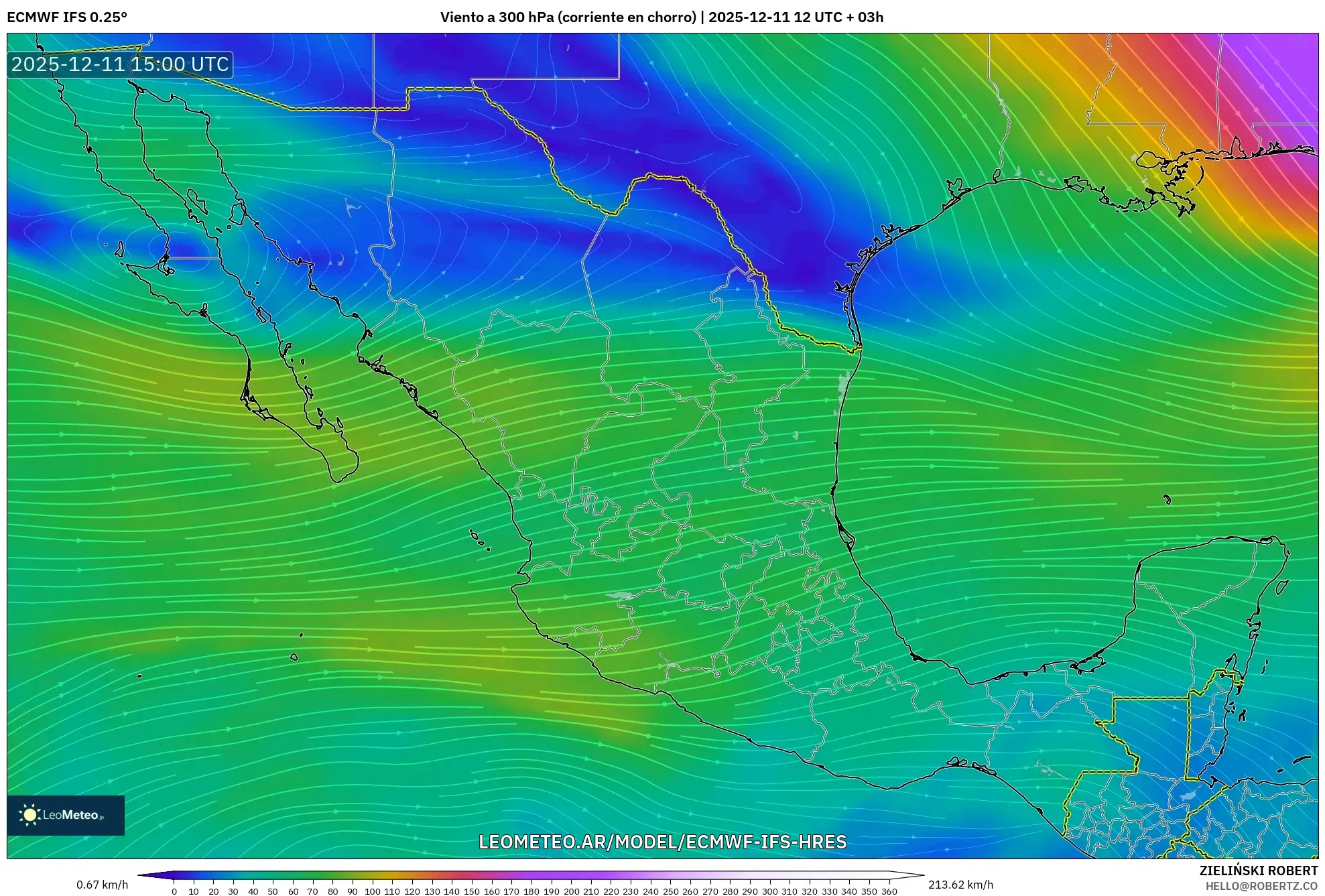ECMWF IFS 0.25° model - México, Viento a 300 hPa (corriente en chorro)