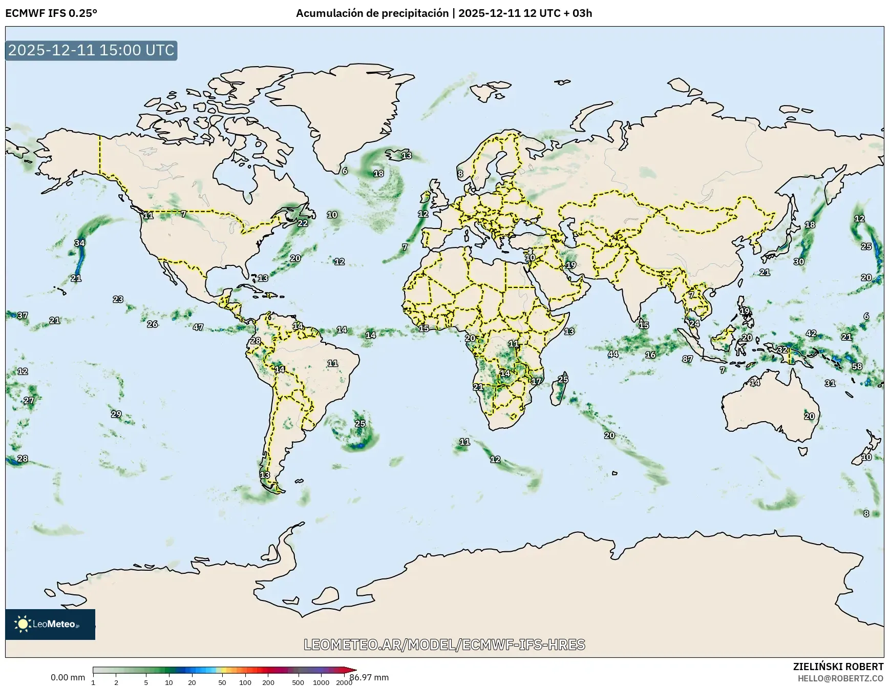 ECMWF IFS 0.25° model - Mundo, Acumulación de precipitación