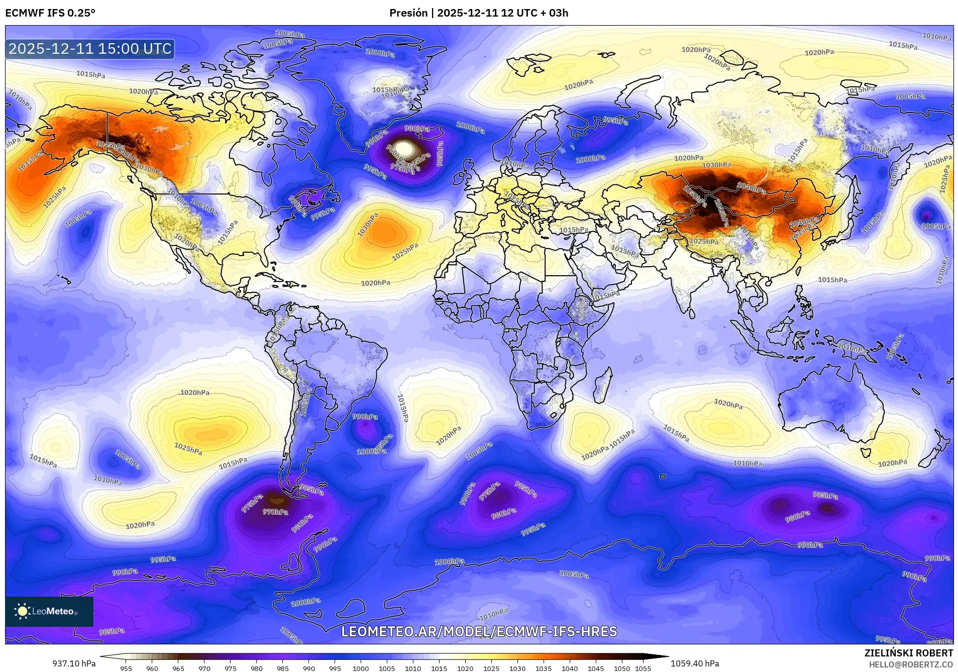 ECMWF IFS 0.25° model - Mundo, Presión