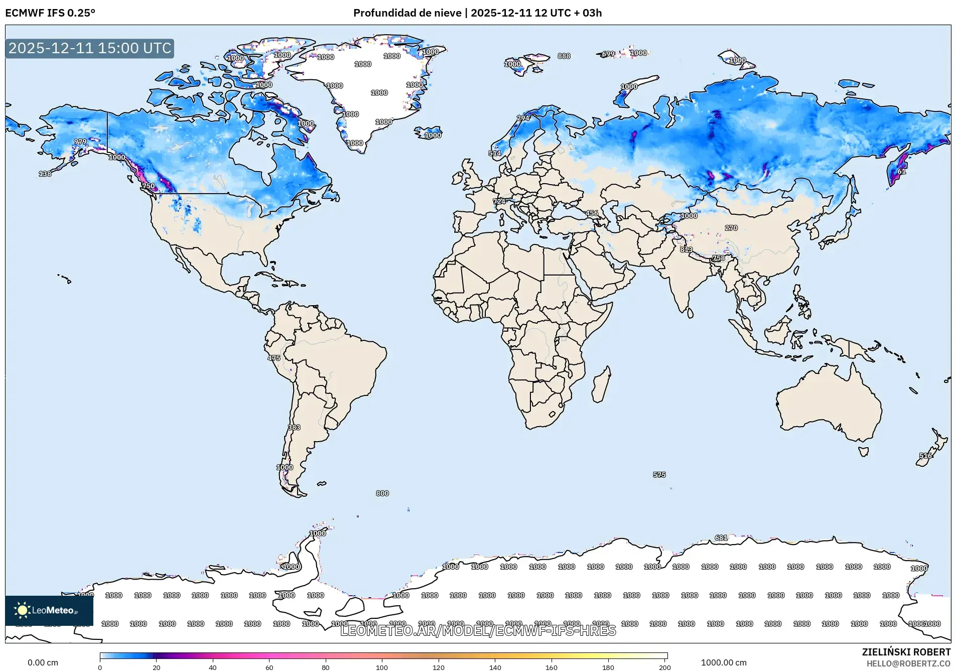 ECMWF IFS 0.25° model - Mundo, Profundidad de nieve