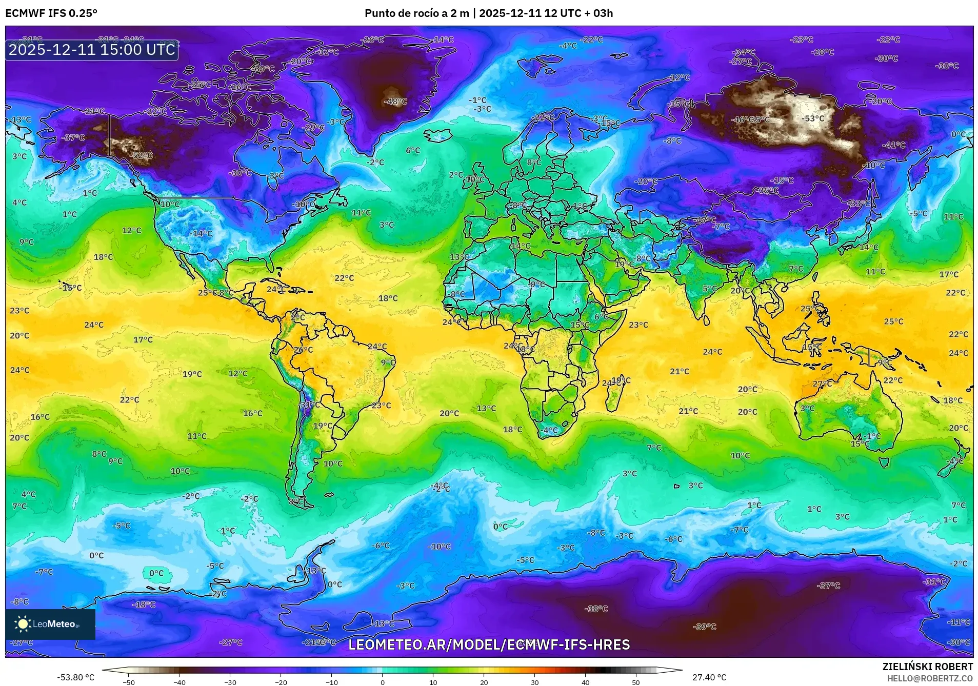ECMWF IFS 0.25° model - Mundo, Punto de rocío a 2 m