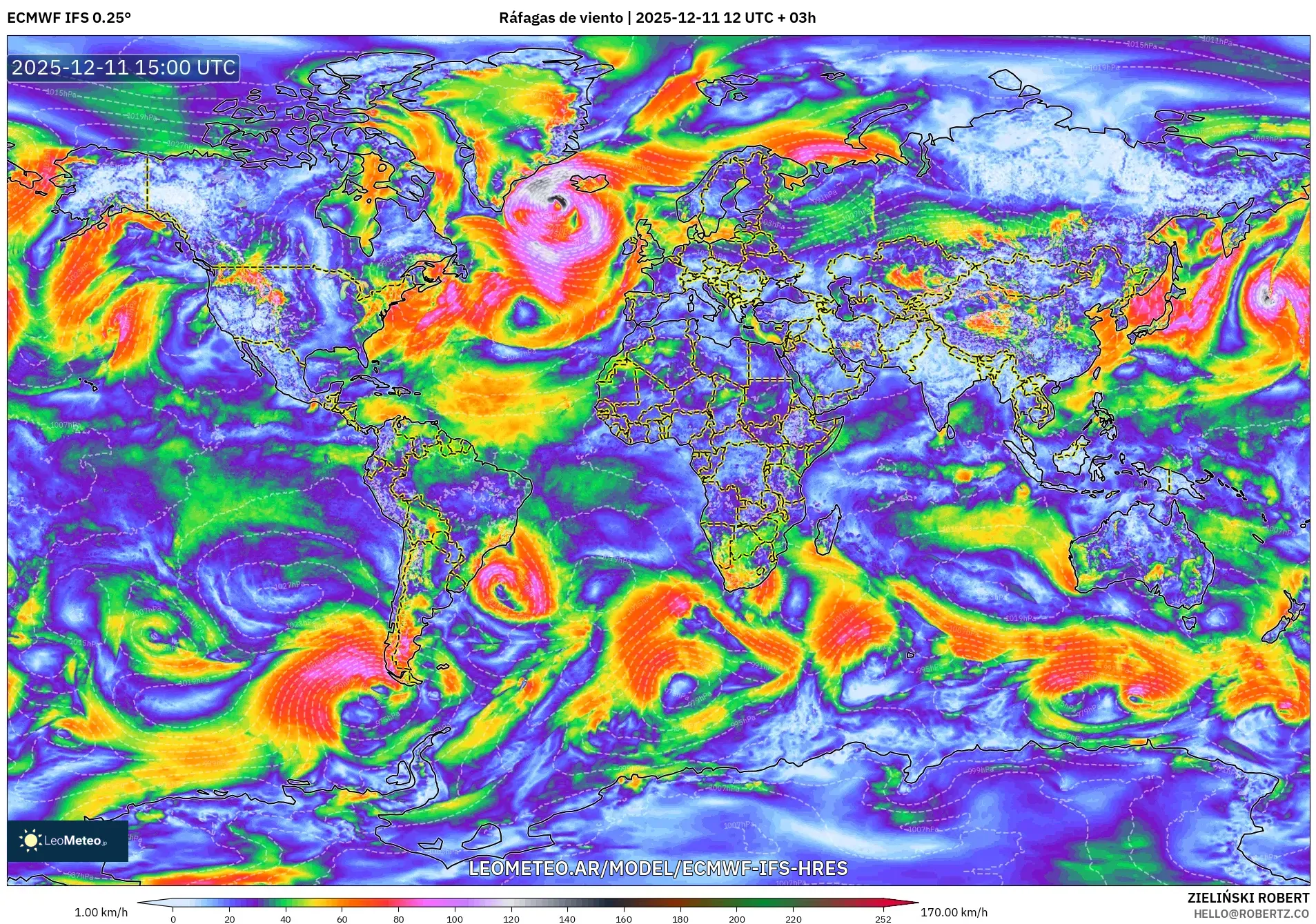 ECMWF IFS 0.25° model - Mundo, Ráfagas de viento