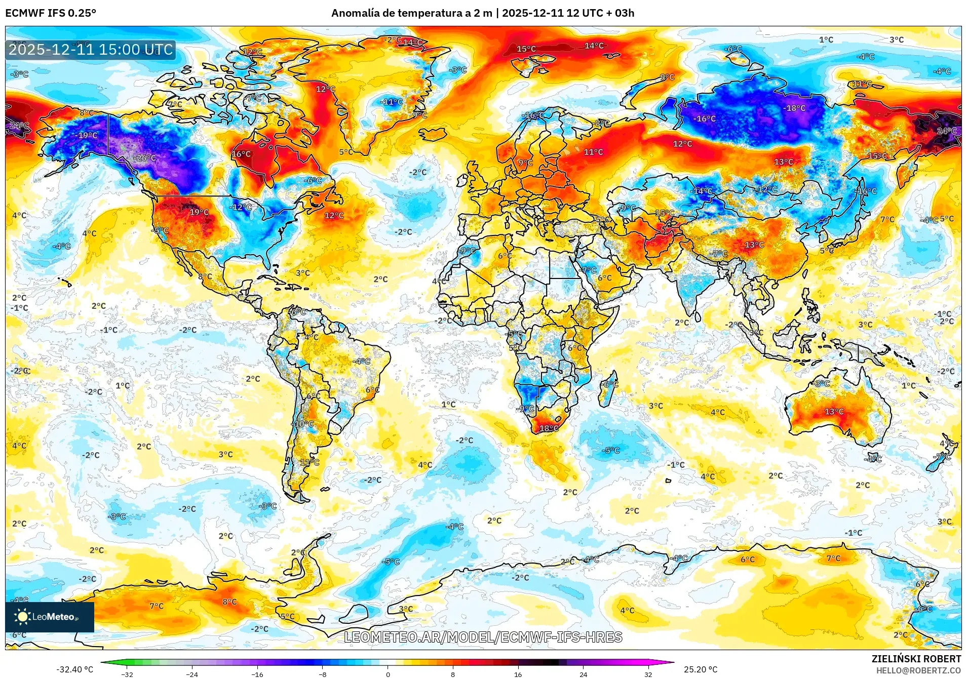 ECMWF IFS 0.25° model - Mundo, Anomalía de temperatura a 2 m