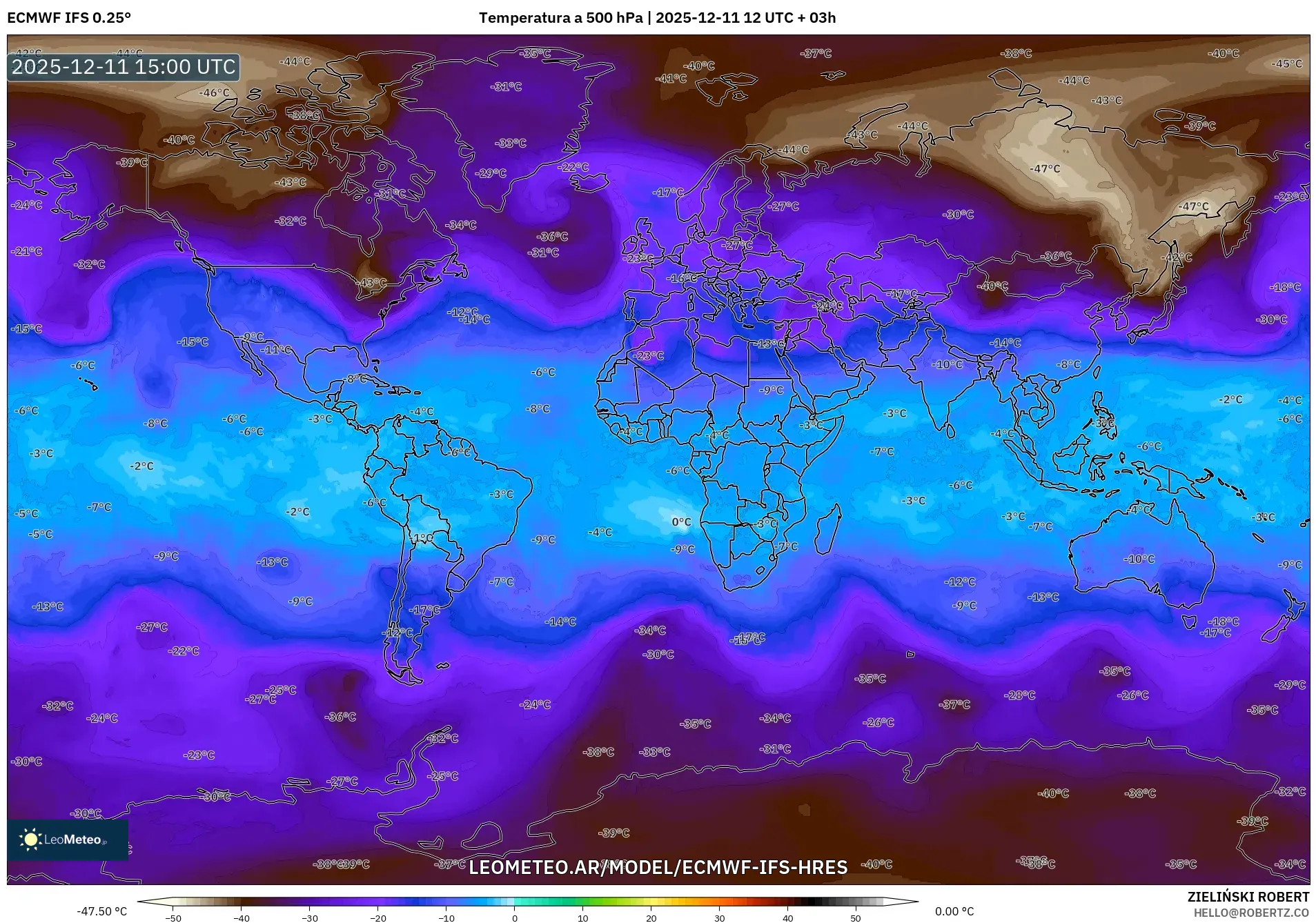 ECMWF IFS 0.25° model - Mundo, Temperatura a 500 hPa