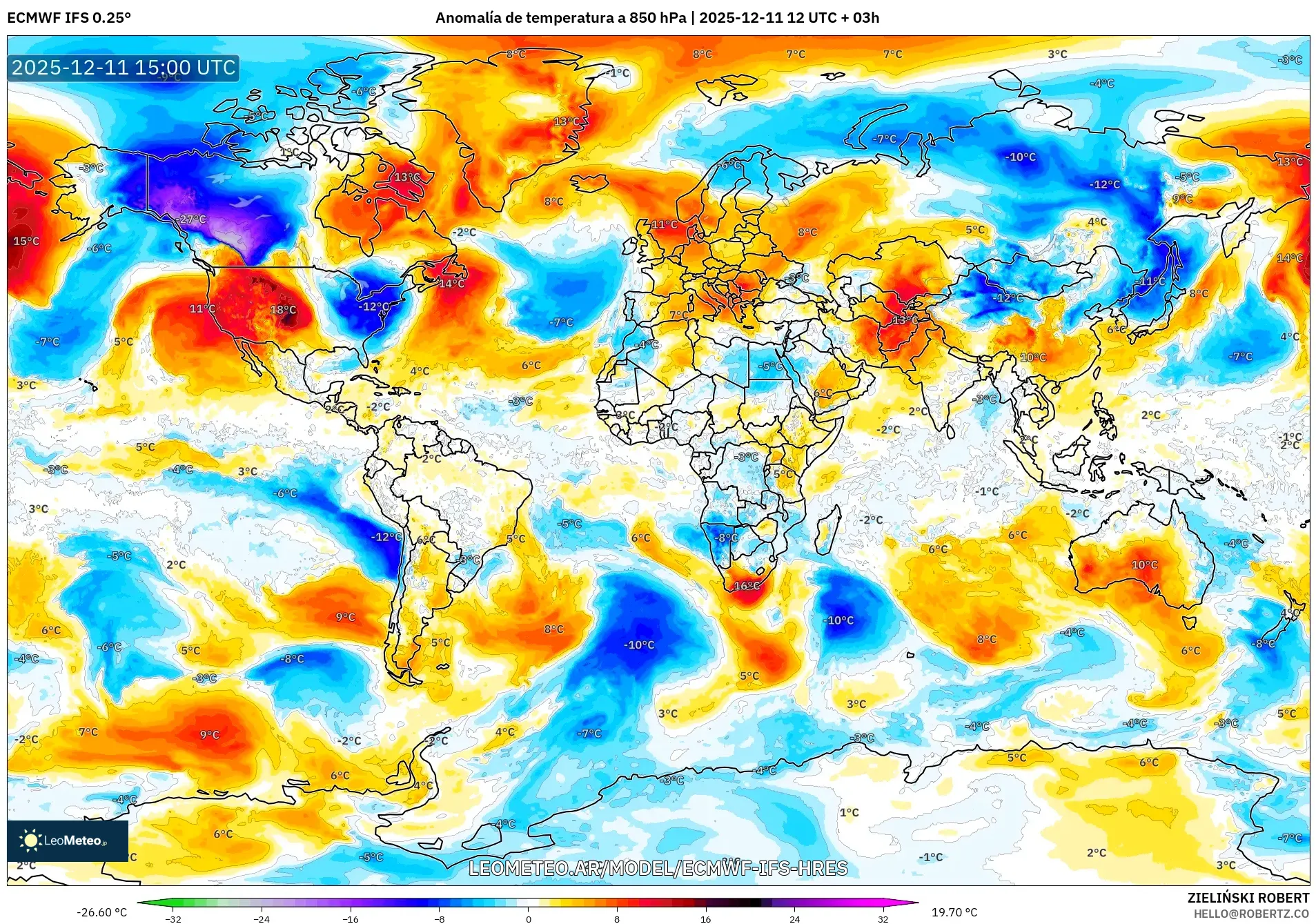 ECMWF IFS 0.25° model - Mundo, Anomalía de temperatura a 850 hPa