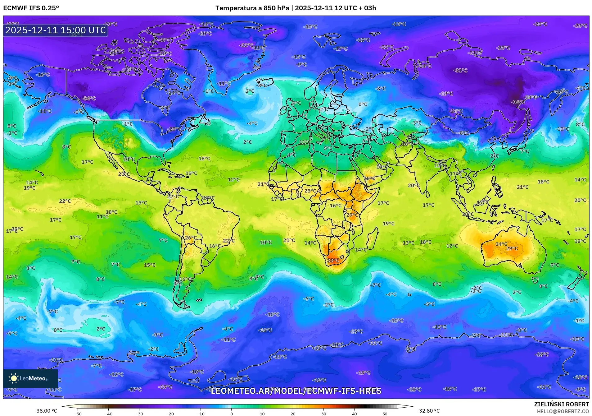 ECMWF IFS 0.25° model - Mundo, Temperatura a 850 hPa