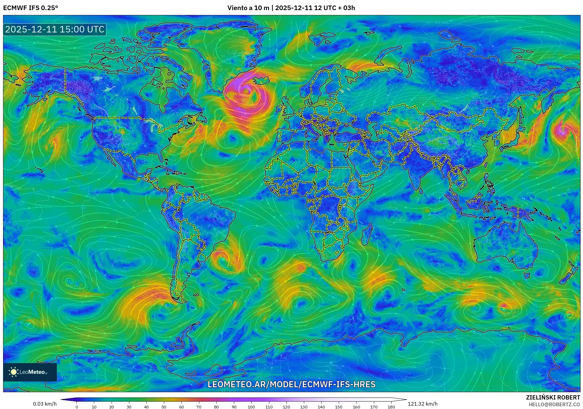 ECMWF IFS 0.25° model - Mundo, Viento a 10 m