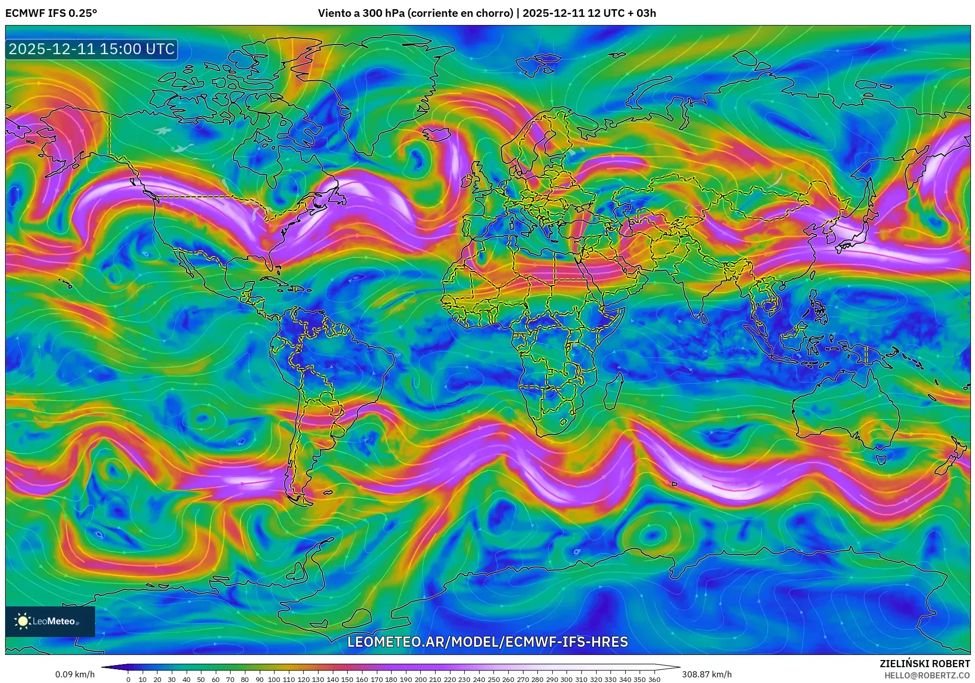 ECMWF IFS 0.25° model - Mundo, Viento a 300 hPa (corriente en chorro)
