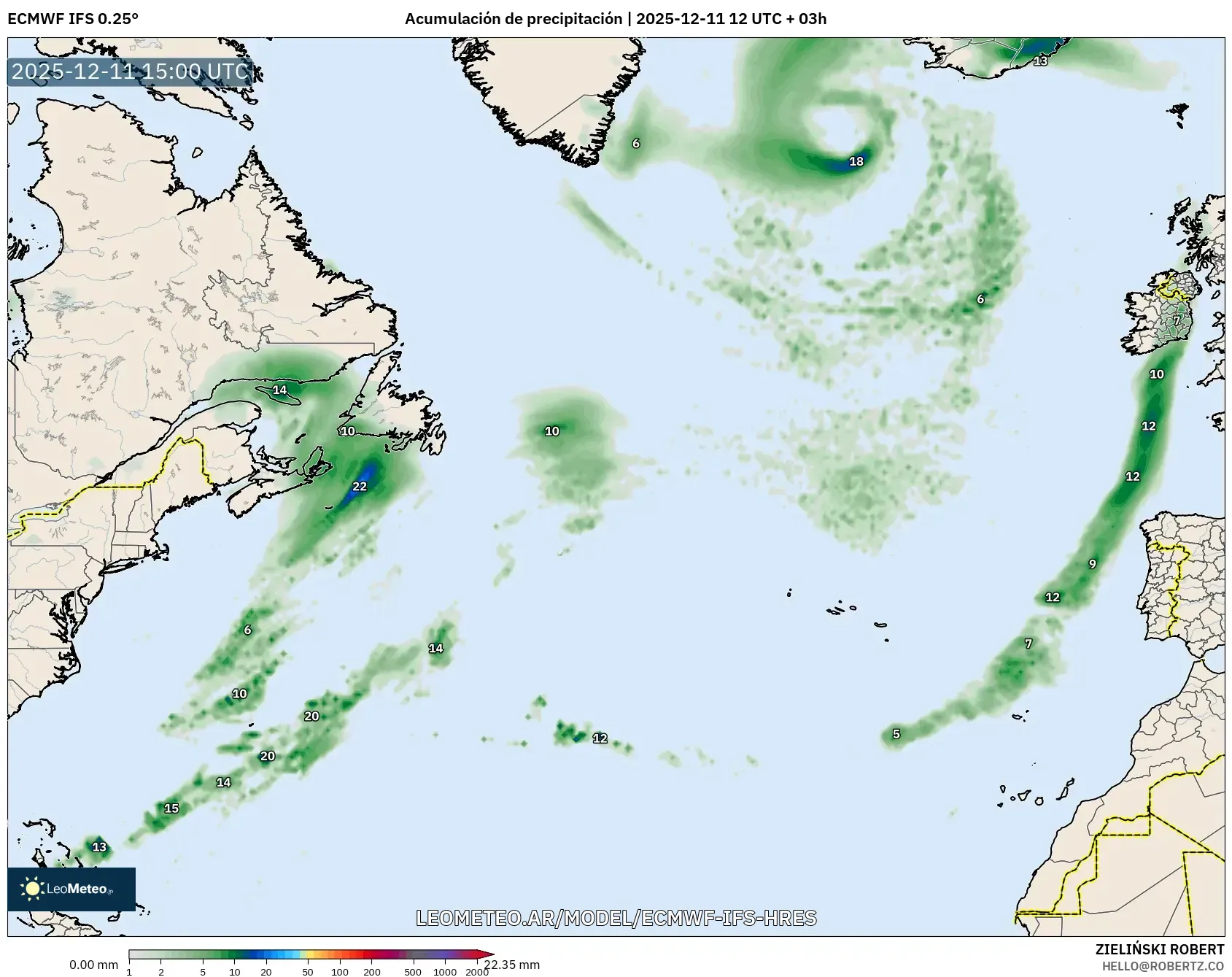ECMWF IFS 0.25° model - Norte Atlántico, Acumulación de precipitación