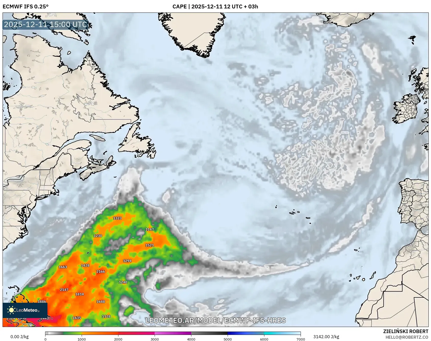 ECMWF IFS 0.25° model - Norte Atlántico, CAPE