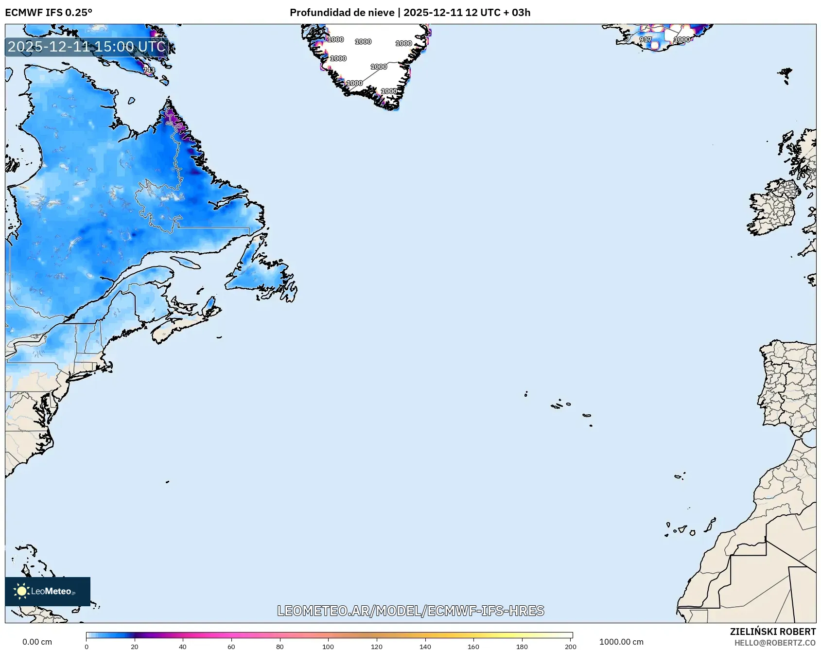 ECMWF IFS 0.25° model - Norte Atlántico, Profundidad de nieve