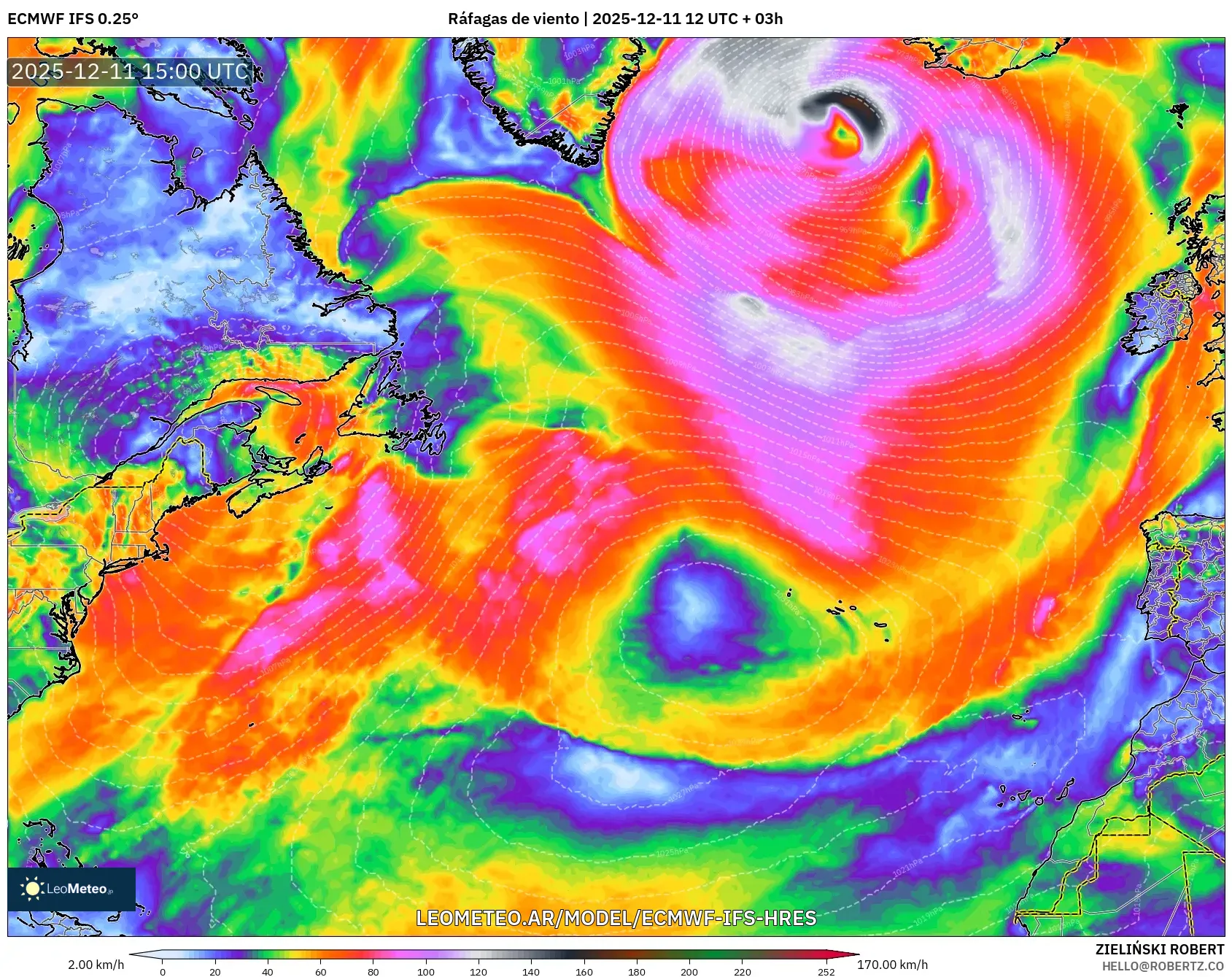 ECMWF IFS 0.25° model - Norte Atlántico, Ráfagas de viento