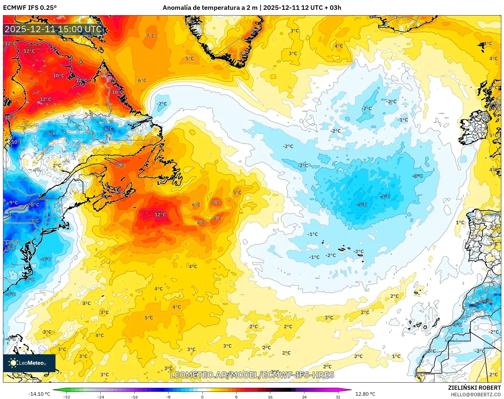 ECMWF IFS 0.25° model - Norte Atlántico, Anomalía de temperatura a 2 m