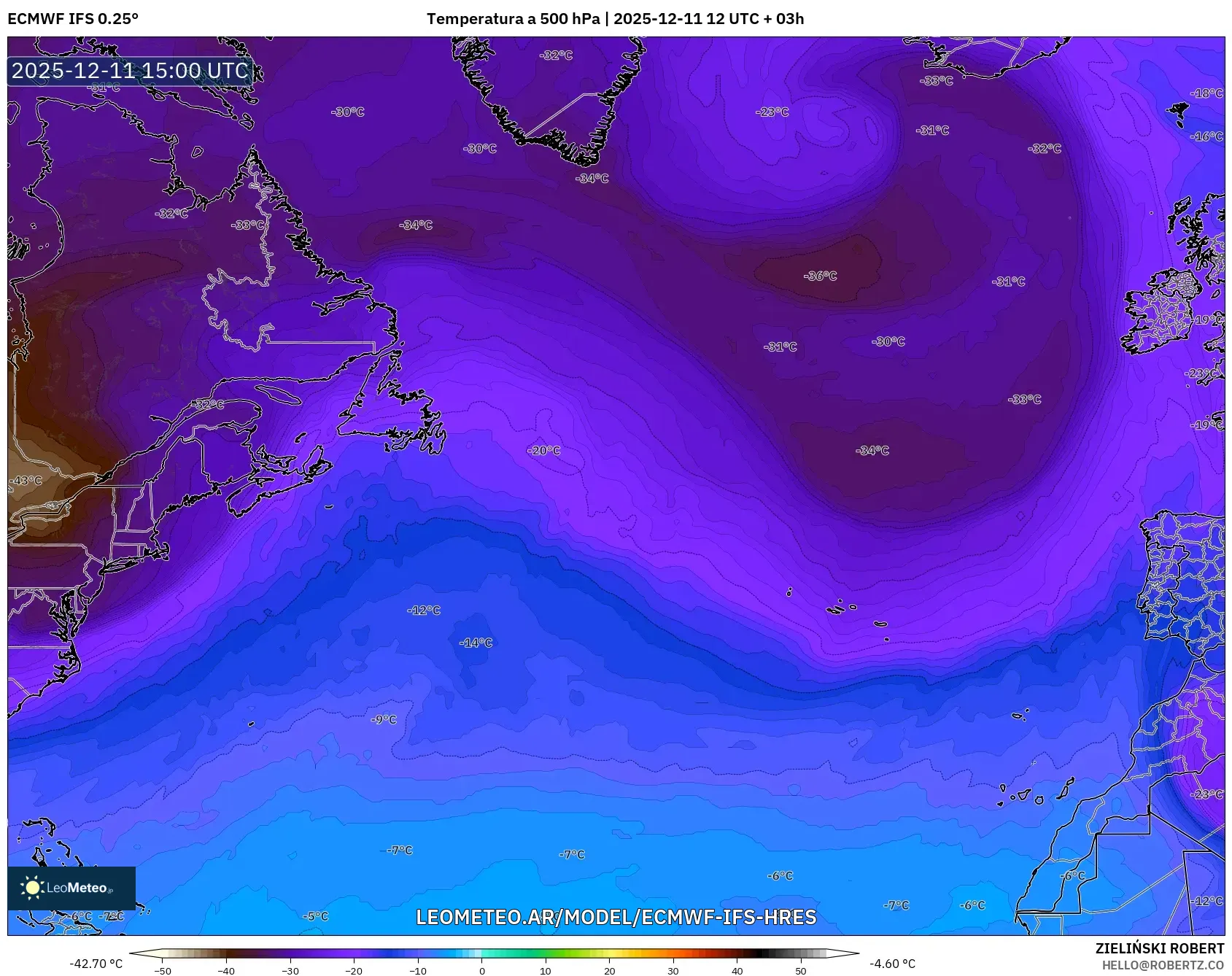 ECMWF IFS 0.25° model - Norte Atlántico, Temperatura a 500 hPa