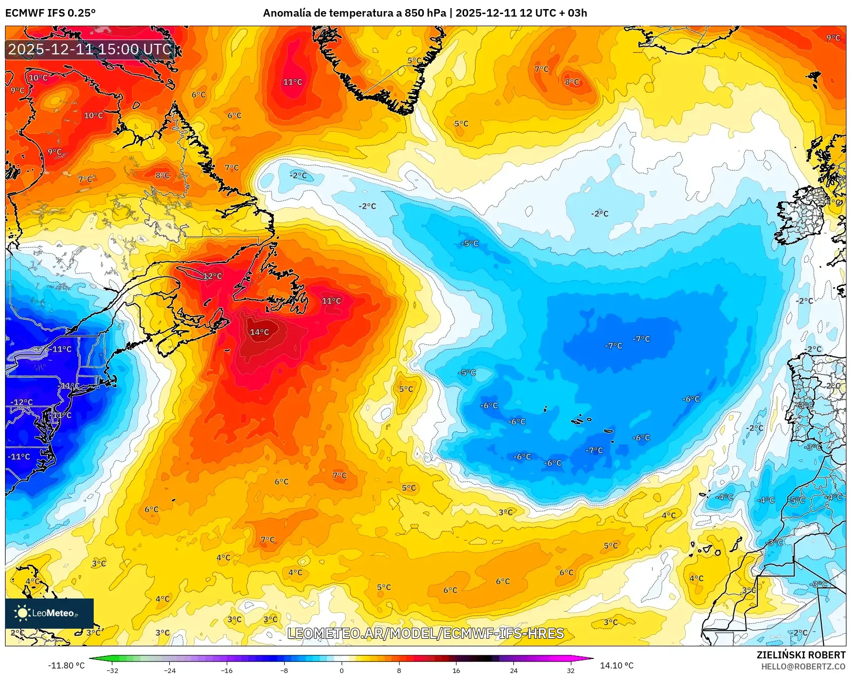 ECMWF IFS 0.25° model - Norte Atlántico, Anomalía de temperatura a 850 hPa