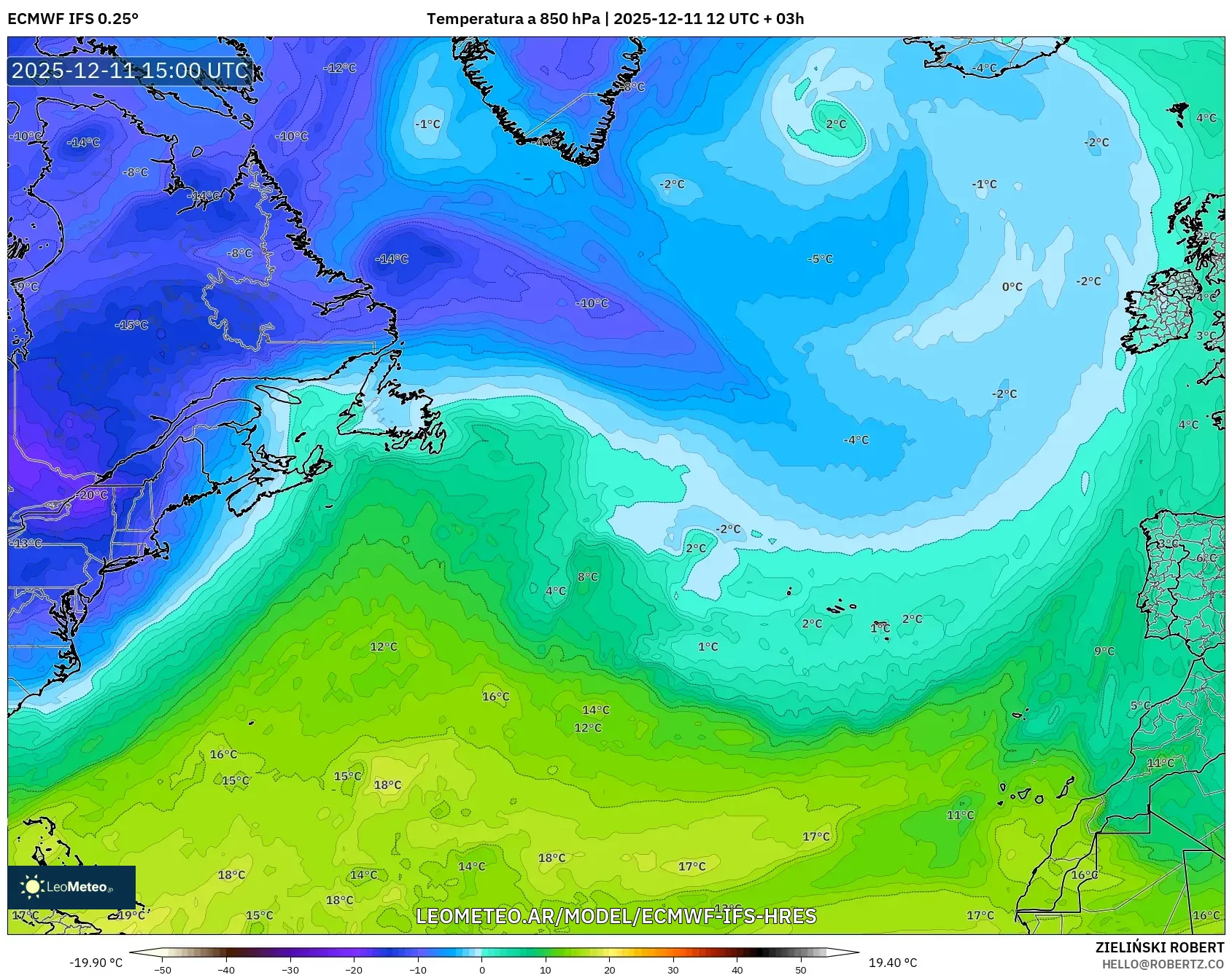 ECMWF IFS 0.25° model - Norte Atlántico, Temperatura a 850 hPa