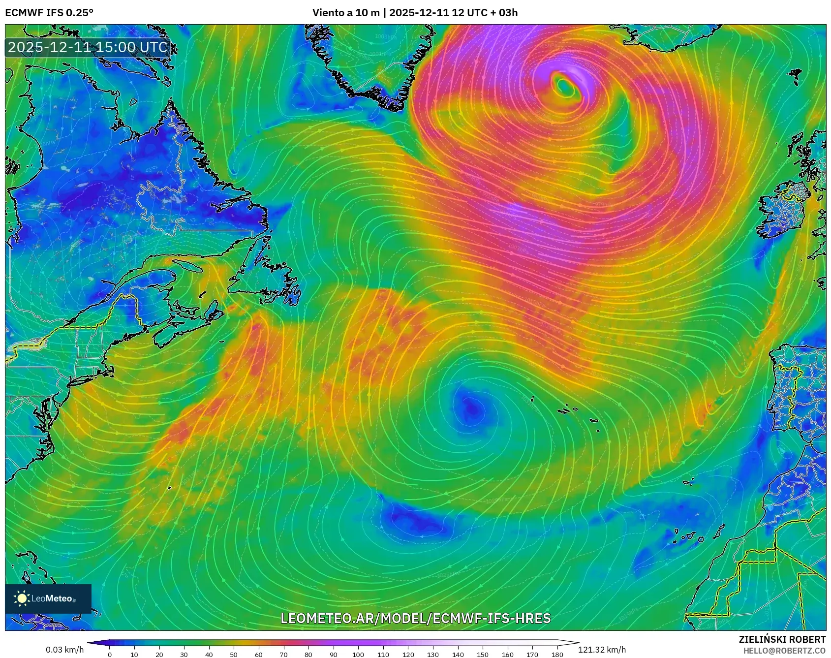 ECMWF IFS 0.25° model - Norte Atlántico, Viento a 10 m