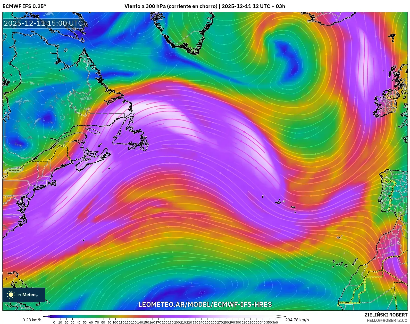 ECMWF IFS 0.25° model - Norte Atlántico, Viento a 300 hPa (corriente en chorro)