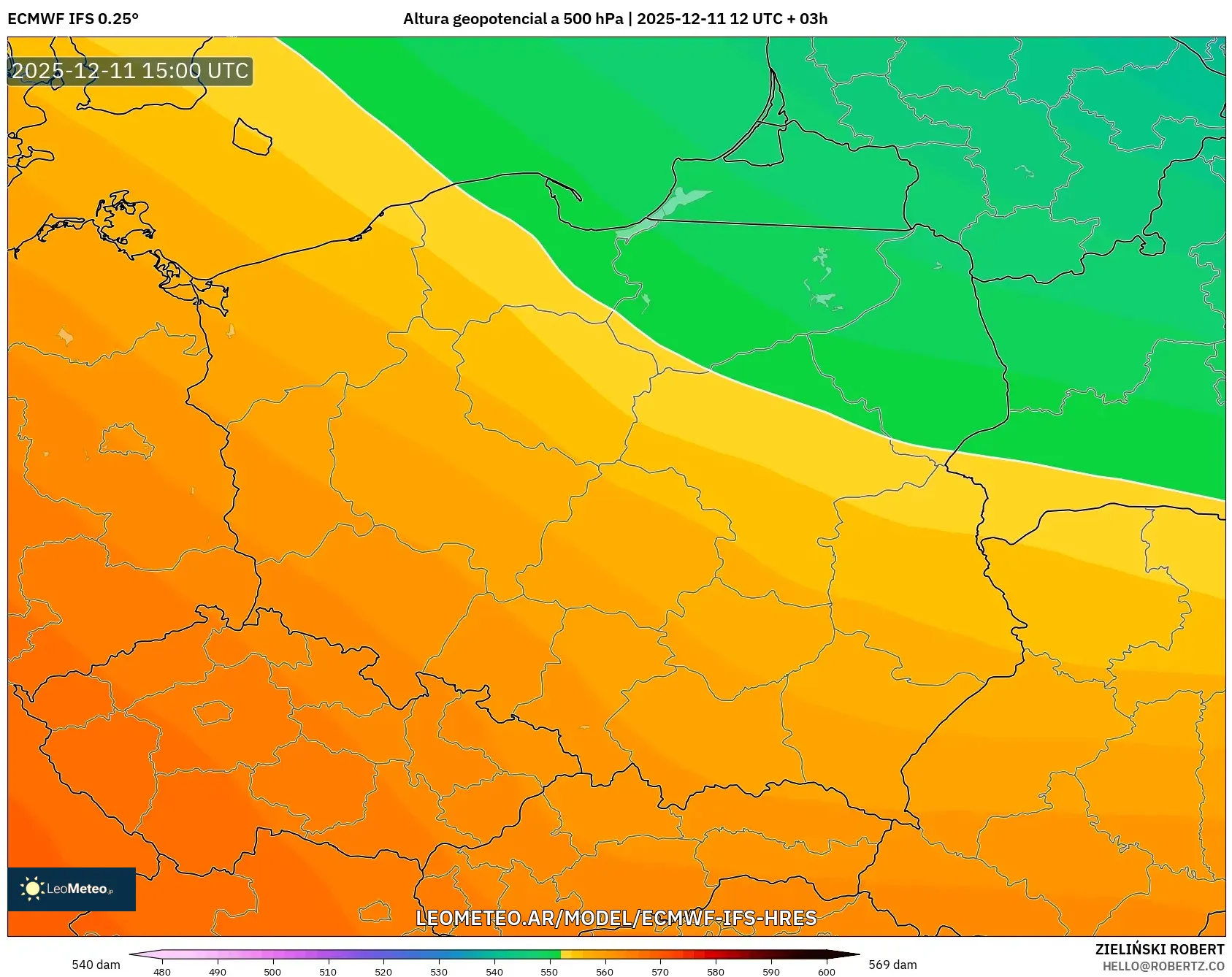 ECMWF IFS 0.25° model - Polonia, Altura geopotencial a 500 hPa