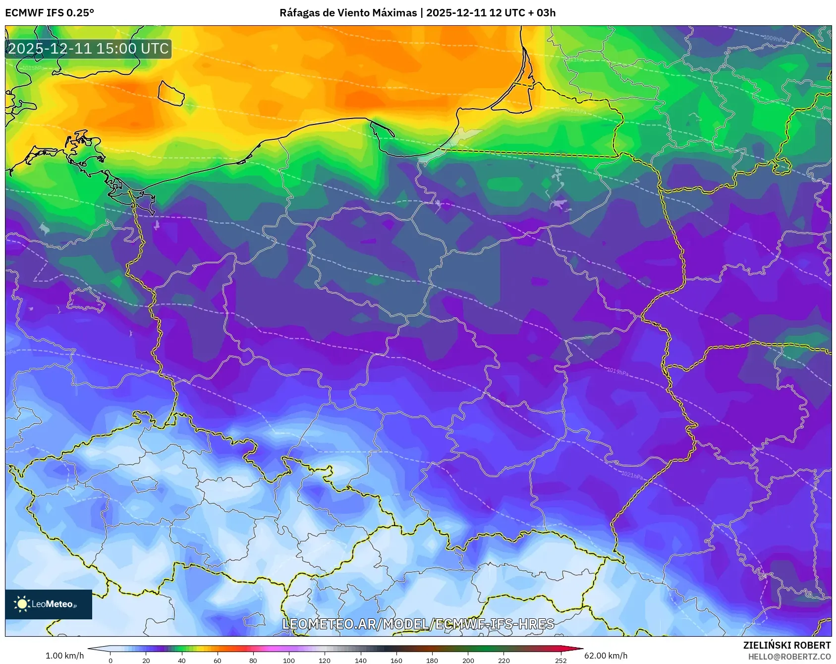 ECMWF IFS 0.25° model - Polonia, Ráfagas de Viento Máximas