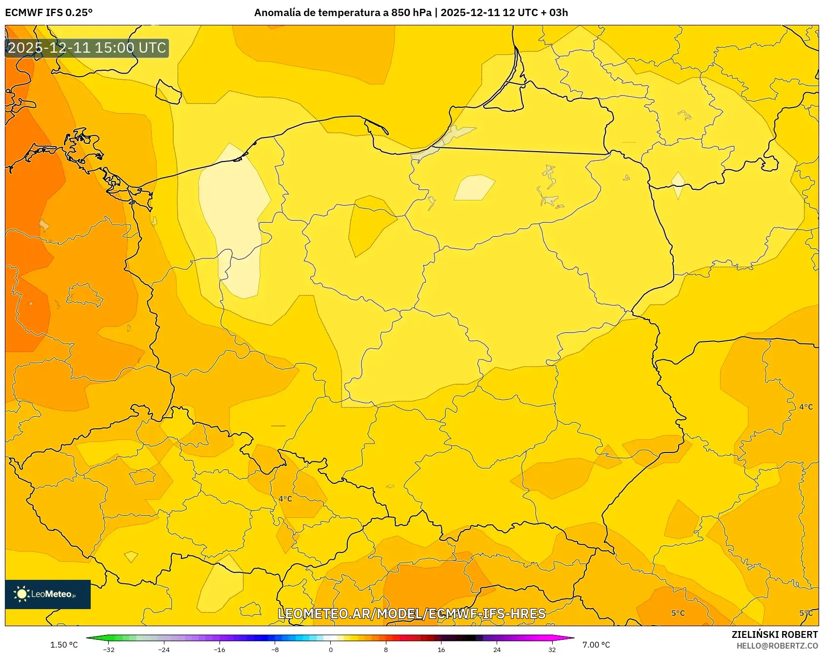 ECMWF IFS 0.25° model - Polonia, Anomalía de temperatura a 850 hPa