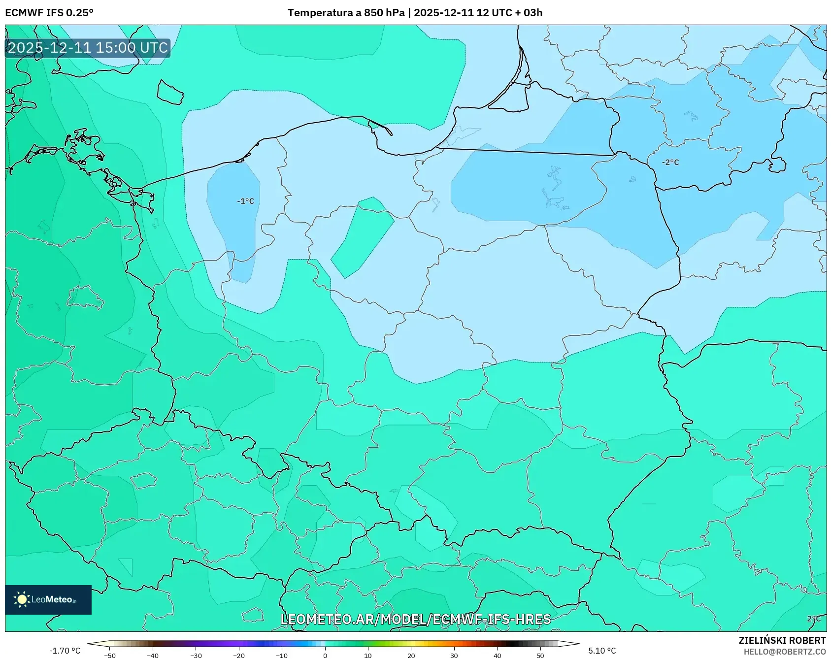 ECMWF IFS 0.25° model - Polonia, Temperatura a 850 hPa