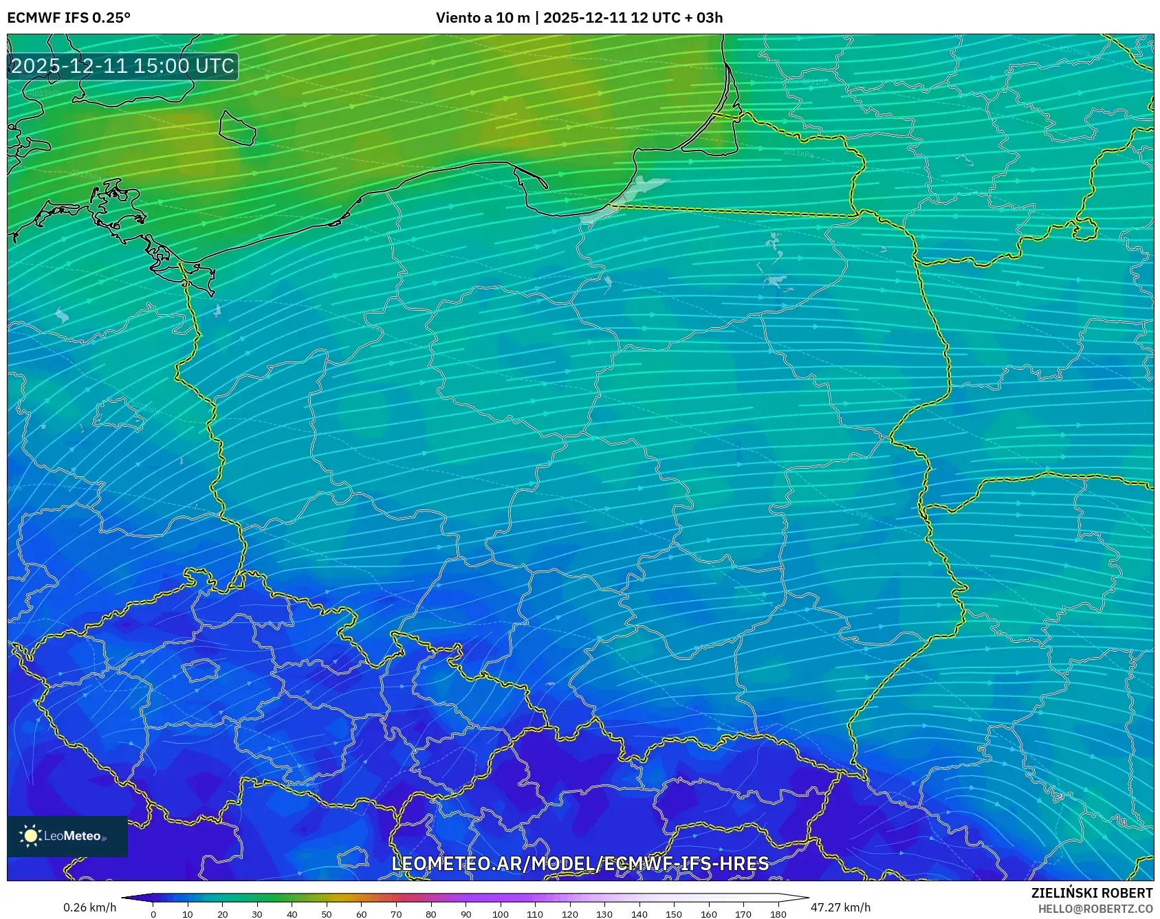 ECMWF IFS 0.25° model - Polonia, Viento a 10 m