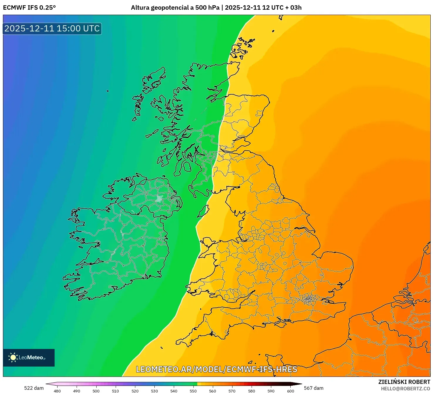 ECMWF IFS 0.25° model - Reino Unido, Altura geopotencial a 500 hPa