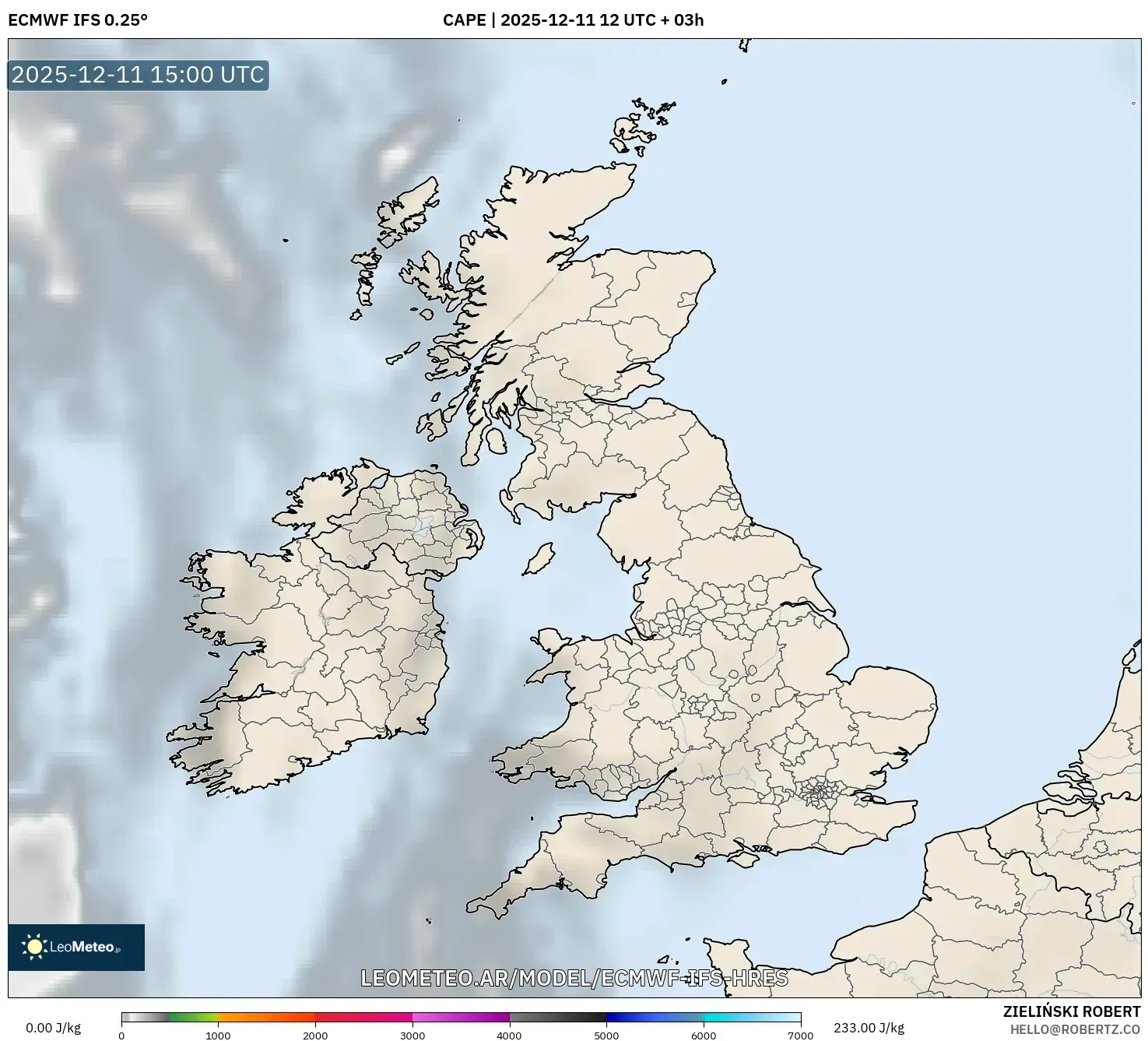 ECMWF IFS 0.25° model - Reino Unido, CAPE