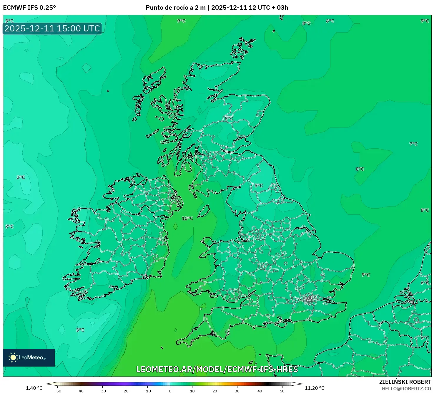 ECMWF IFS 0.25° model - Reino Unido, Punto de rocío a 2 m