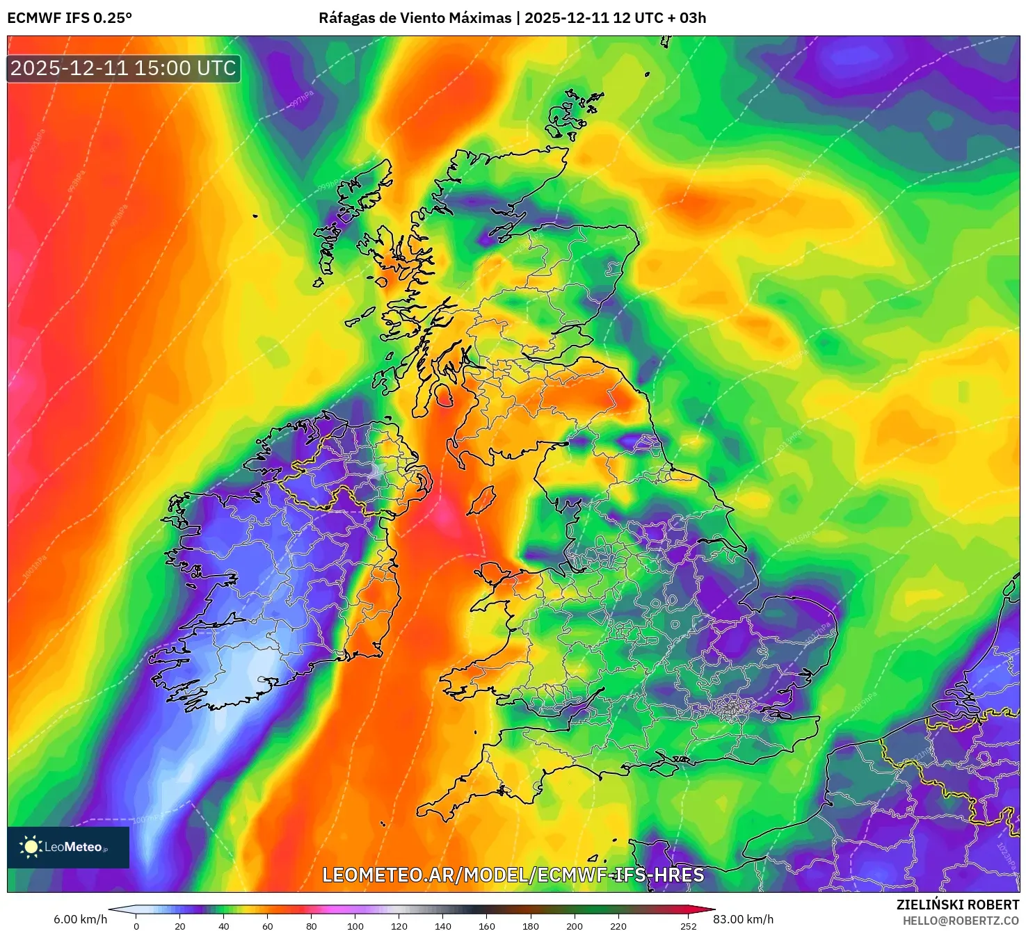 ECMWF IFS 0.25° model - Reino Unido, Ráfagas de Viento Máximas