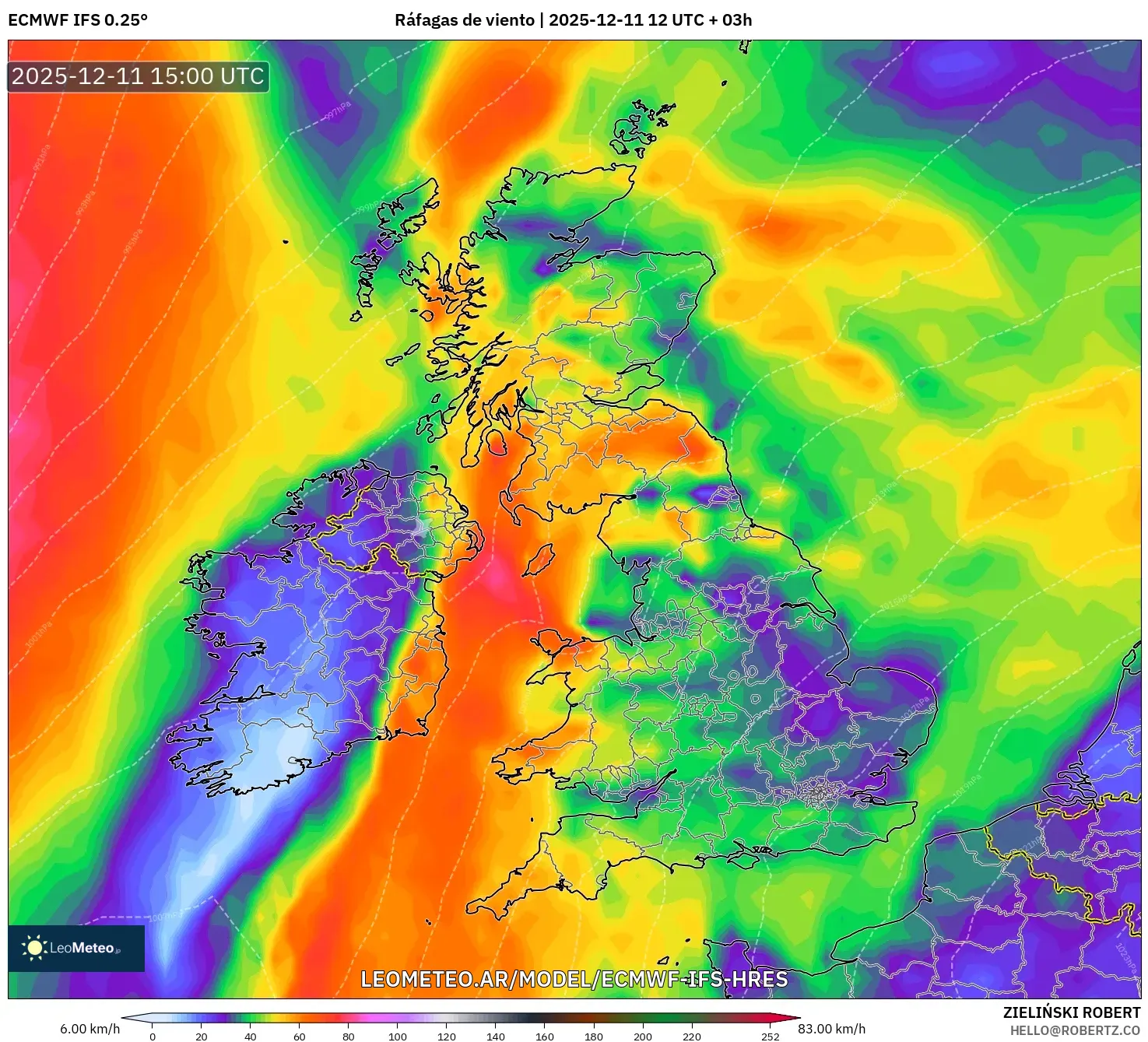 ECMWF IFS 0.25° model - Reino Unido, Ráfagas de viento