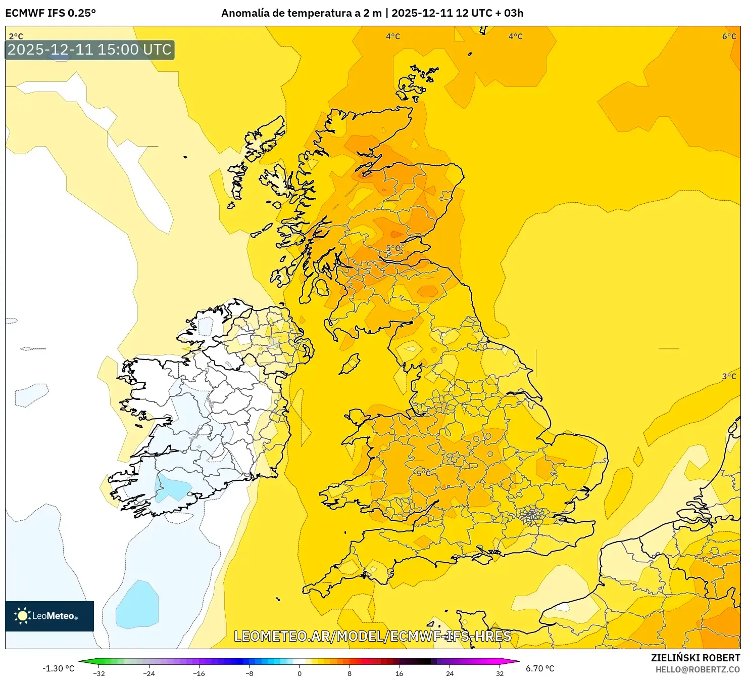 ECMWF IFS 0.25° model - Reino Unido, Anomalía de temperatura a 2 m