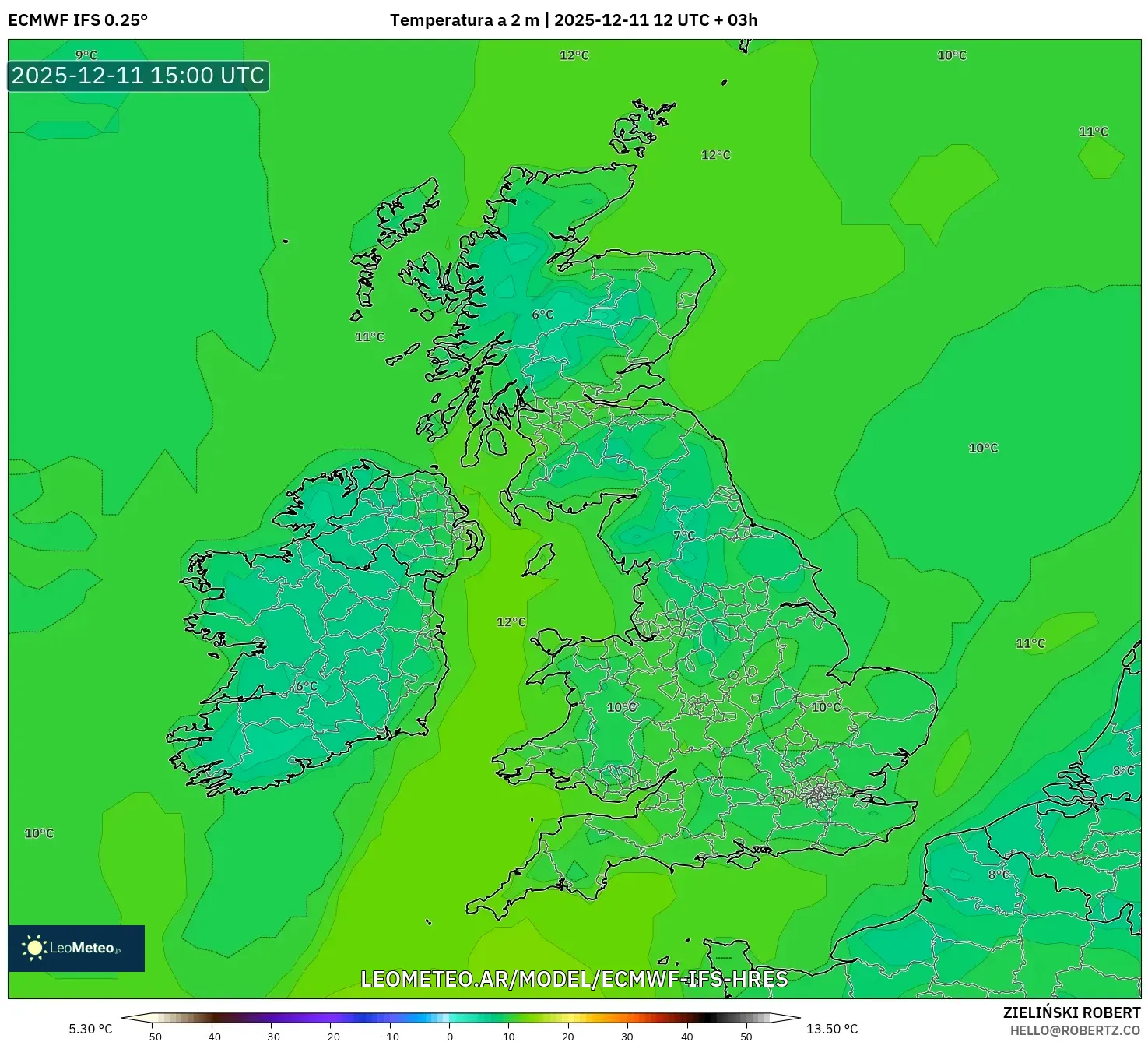 ECMWF IFS 0.25° model - Reino Unido, Temperatura a 2 m