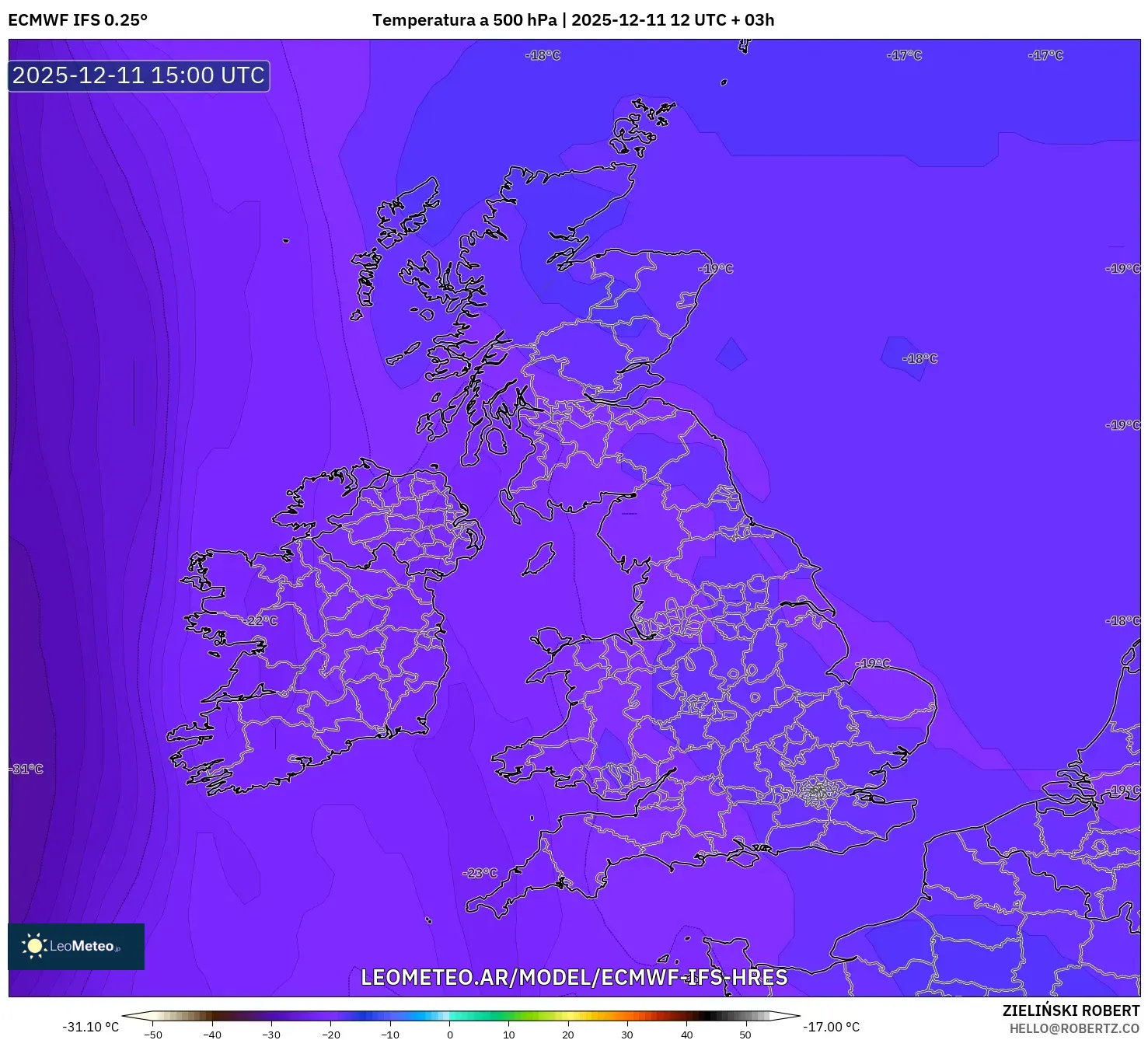 ECMWF IFS 0.25° model - Reino Unido, Temperatura a 500 hPa