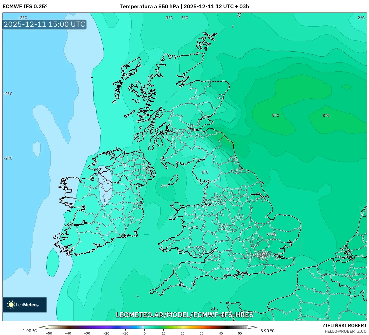 ECMWF IFS 0.25° model - Reino Unido, Temperatura a 850 hPa