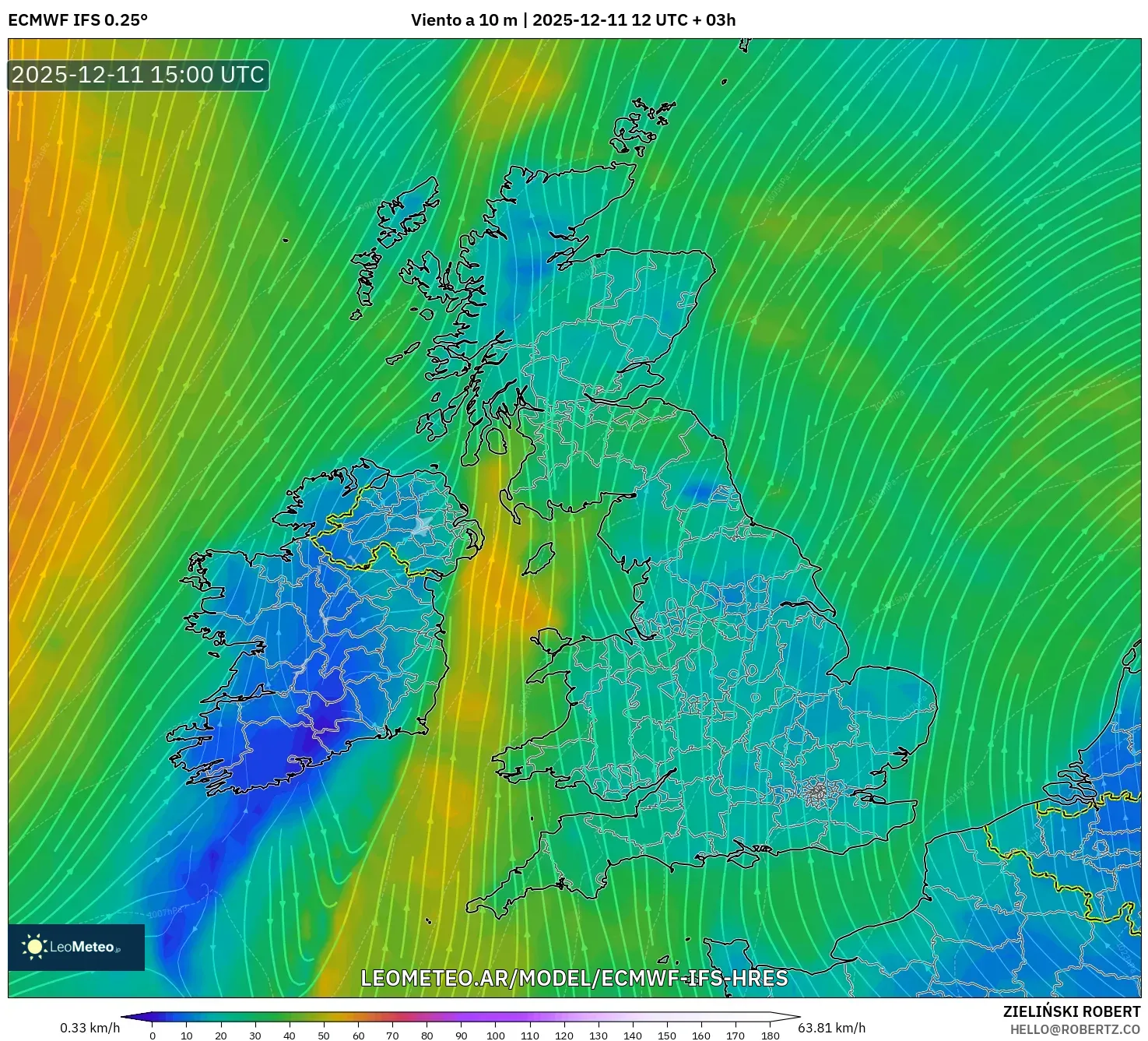 ECMWF IFS 0.25° model - Reino Unido, Viento a 10 m