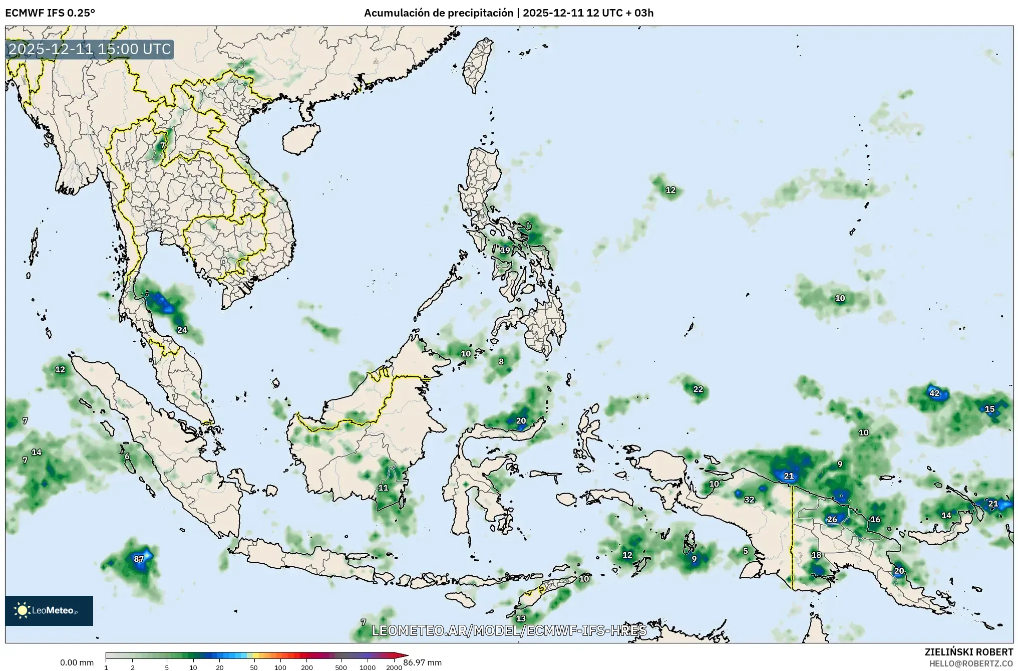 ECMWF IFS 0.25° model - Sudeste Asiático, Acumulación de precipitación