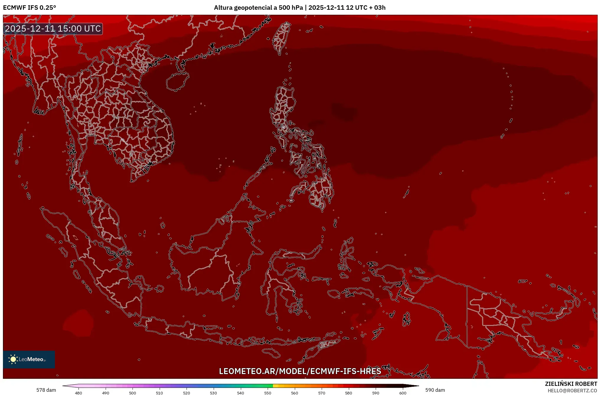 ECMWF IFS 0.25° model - Sudeste Asiático, Altura geopotencial a 500 hPa