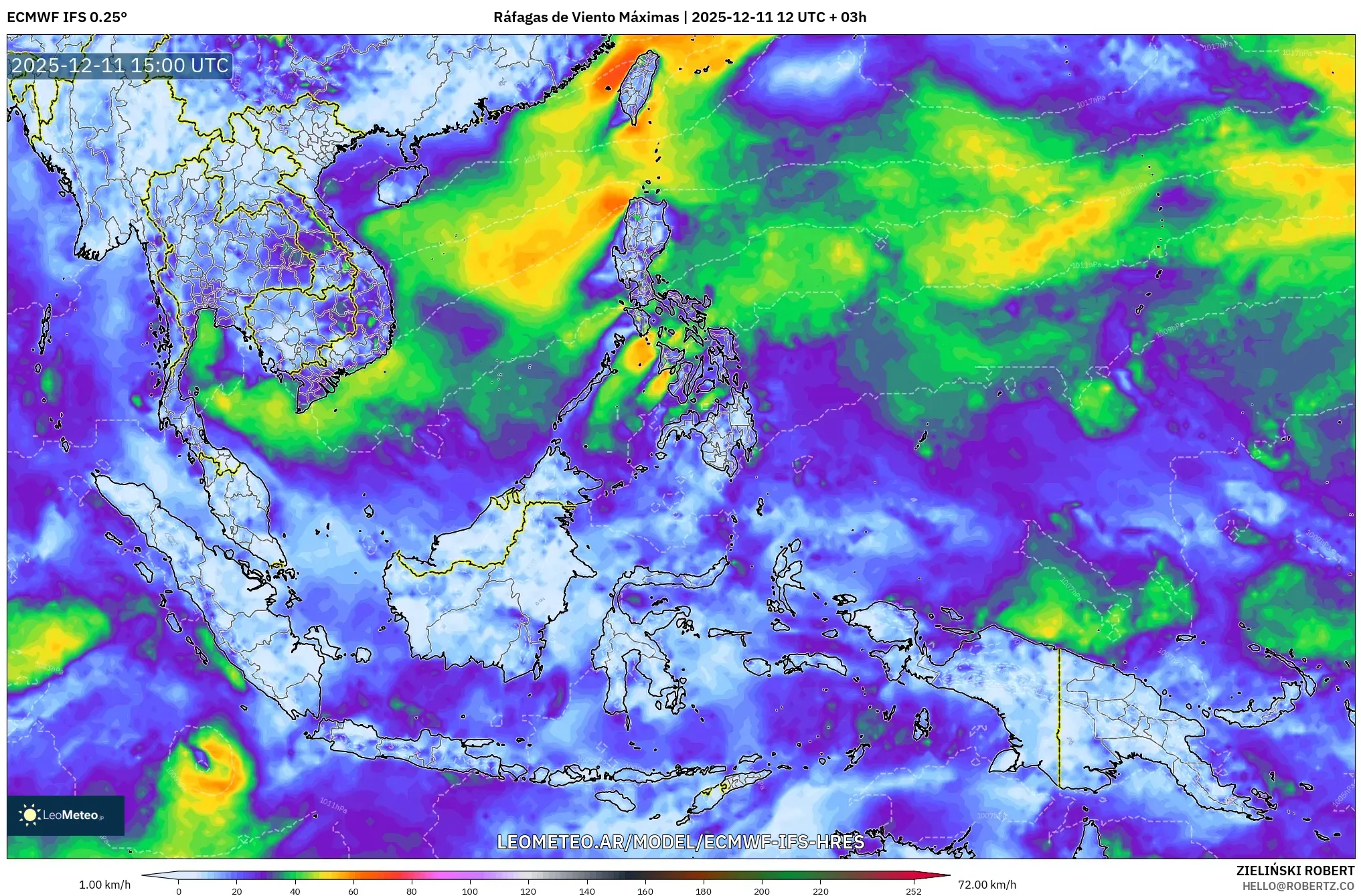 ECMWF IFS 0.25° model - Sudeste Asiático, Ráfagas de Viento Máximas
