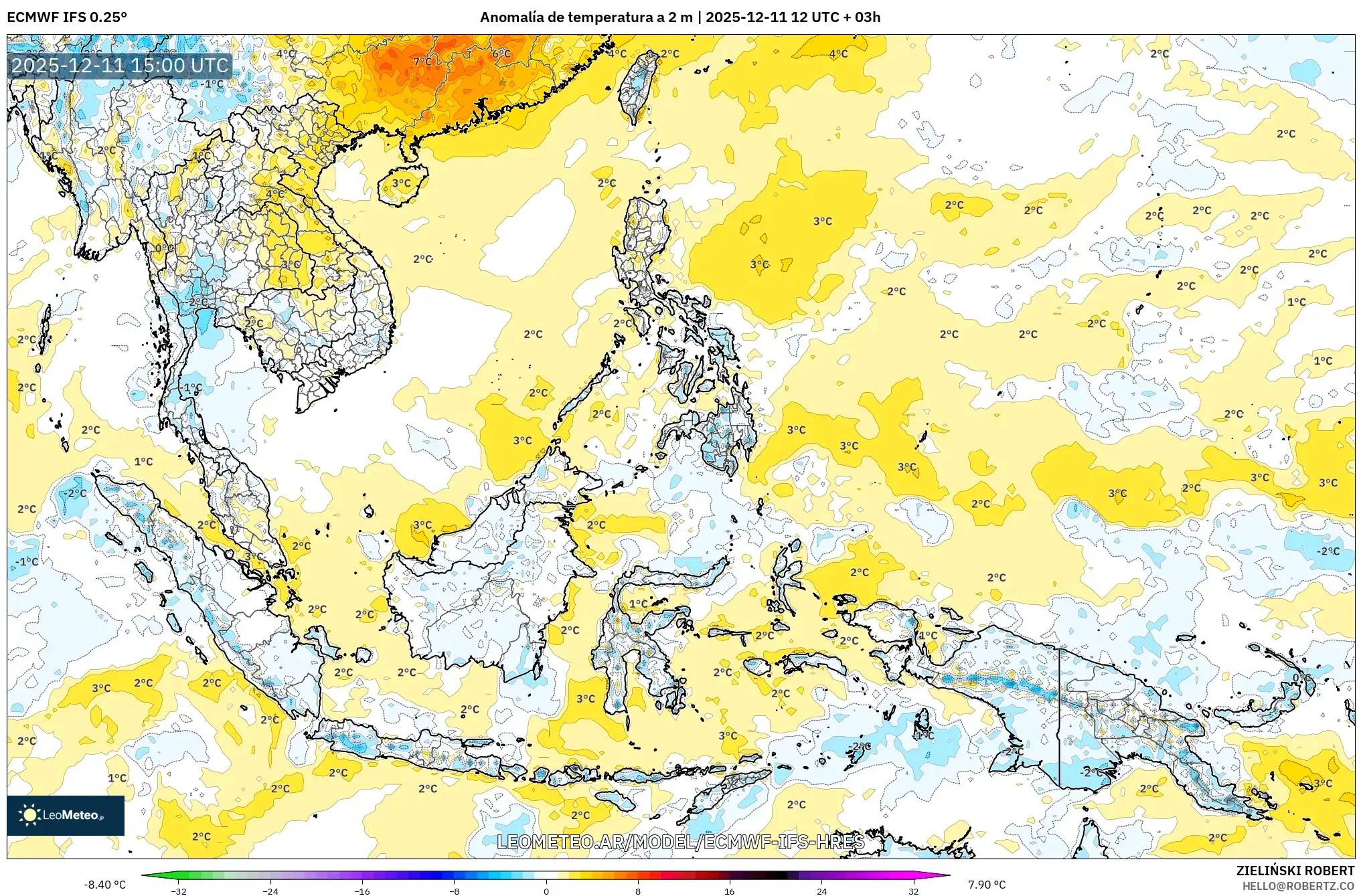 ECMWF IFS 0.25° model - Sudeste Asiático, Anomalía de temperatura a 2 m