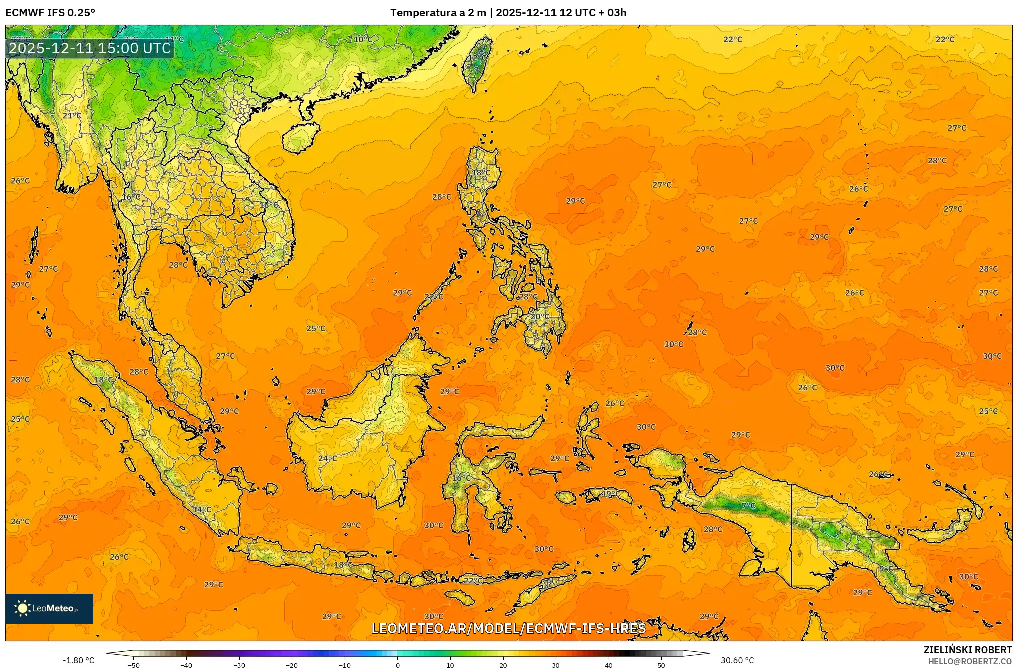 ECMWF IFS 0.25° model - Sudeste Asiático, Temperatura a 2 m