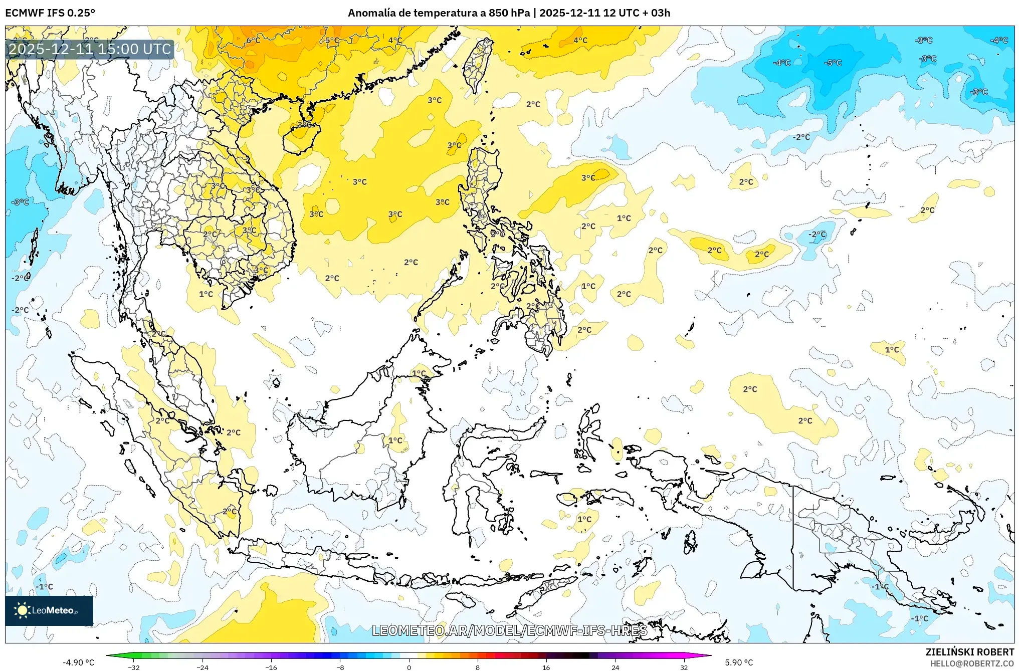ECMWF IFS 0.25° model - Sudeste Asiático, Anomalía de temperatura a 850 hPa