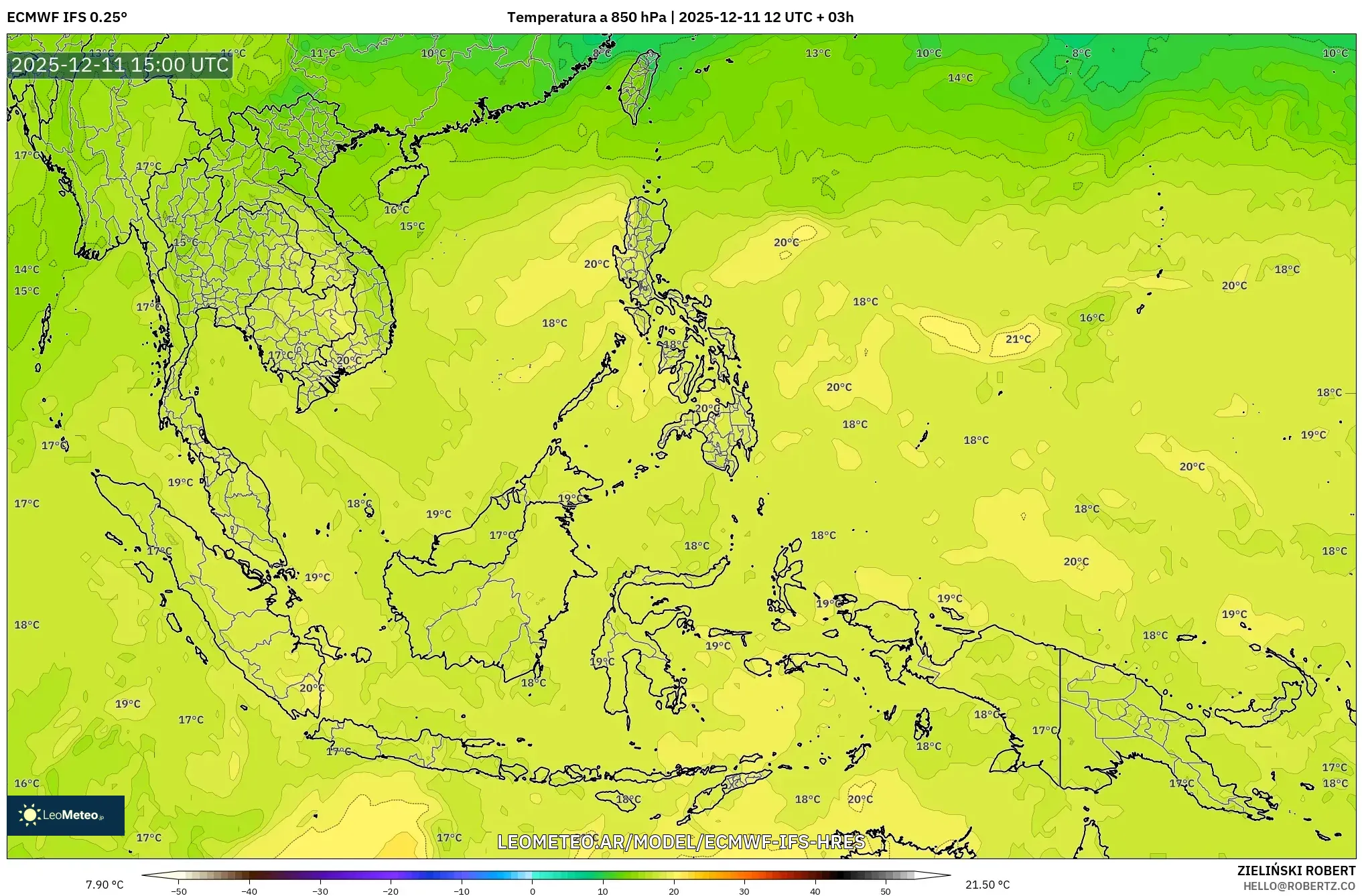 ECMWF IFS 0.25° model - Sudeste Asiático, Temperatura a 850 hPa